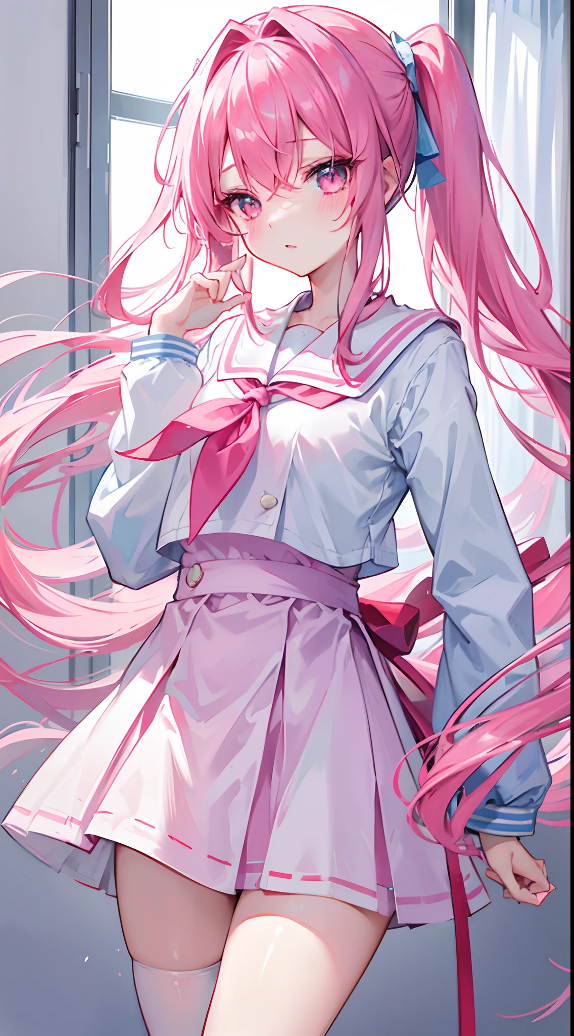 light blue long hair，Crimson pink eyes，The hair was tied up with two pink headbands，Short double ponytail，Qi bangs，Two long hair curtains on both sides，Wearing a white sailor's uniform school uniform，short  skirt，Liu Hai pulled a hairpin，The sleeves are long，Fresh atmosphere，a warm color palette，The eyes have God，high light，tmasterpiece，Blushlush，expressiveless，Open your mouth slightly