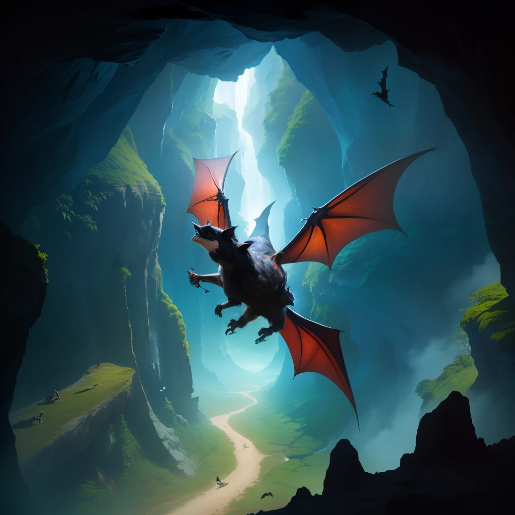 Bat flying from the cave in the middle of the Tropical Forest