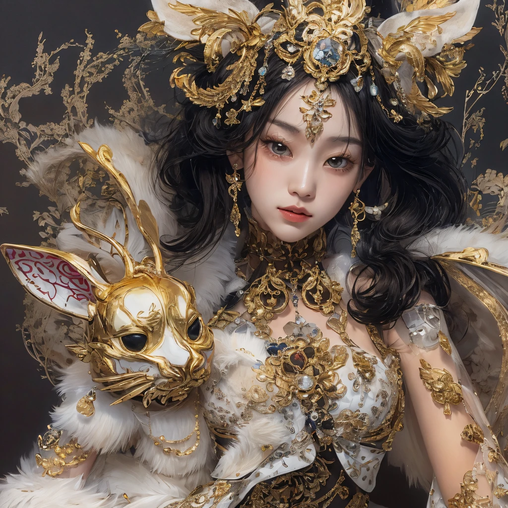 National wind circle，Flying nine-tailed fat skull flame ethereal toad star，Flowing black hair，Golden-black damask white rabbit fur bra，Fuchsia pink diamonds, Tulle burgundy diamond shin guard，The fat woman in the back room 1:900 miniatures，Front view，Pure transparency，Wear boxing gloves，Ice is permeable to gas，Film light and shadow，Panorama ultra-wide angle，extremely happy，The texture of the real person is delicate，Strong visual impact，Hyper-detailing，Dream girl，Refined face，prettyeyes，high saturated，Wear reflective sunglasses with a thick gold thread，crystal-clear，Good sense of perspective，Light and shadow effects，32K smooth，The surface is not well lit，Flowing black hair