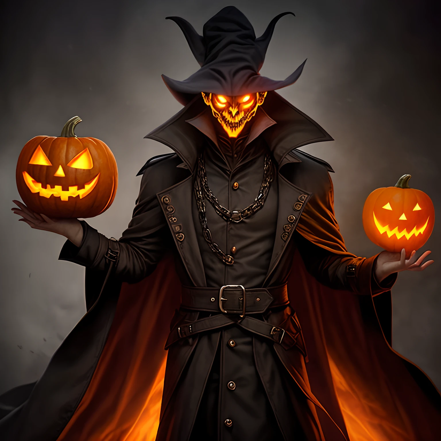 Evil warlock with a Jack-o’-lantern head wearing a trench Coat.