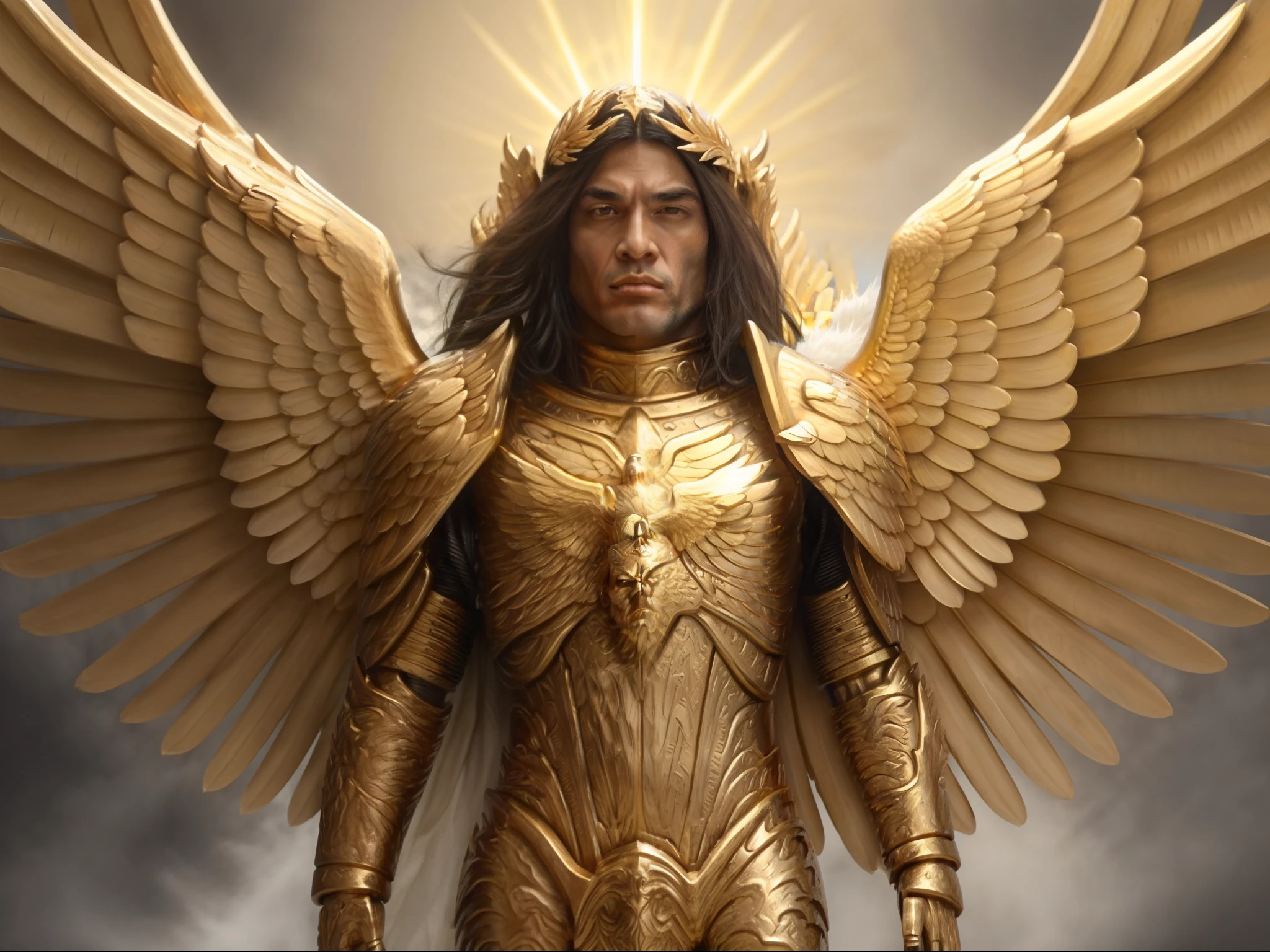 um close up de uma mulher com um traje dourado e asas, Armadura Dourada Angelical, Arcanjo Miguel, arcanjo, angel in plastic armor, Anjo majestoso de corpo inteiro, gold wings on head, Asas de Ouro, Asas douradas, angelic, Unreal Motor render Saint Seiya, angel spirit guide, humano alado, com asas douradas ardentes, asas de anjo grande, Directed by: Arthur Pan