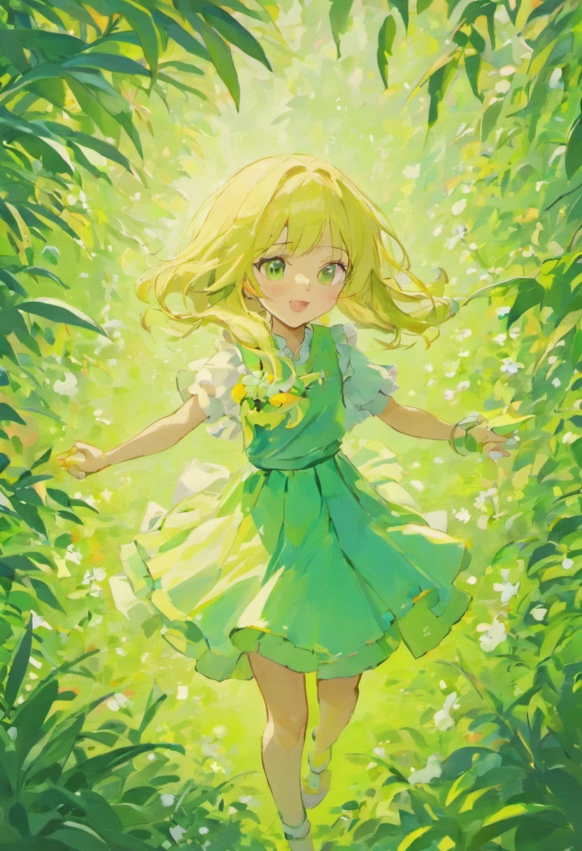 Blooming flowers flutter in the wind,Girl in flowers,Light green and silver design,Pay attention to the texture of the skin and flowers,Sony FE 12-24mm F/2.8 gm,Impressionist garden,Proficient in calligraphy,eco-friendly craftsmanship,Brush stroke exploration