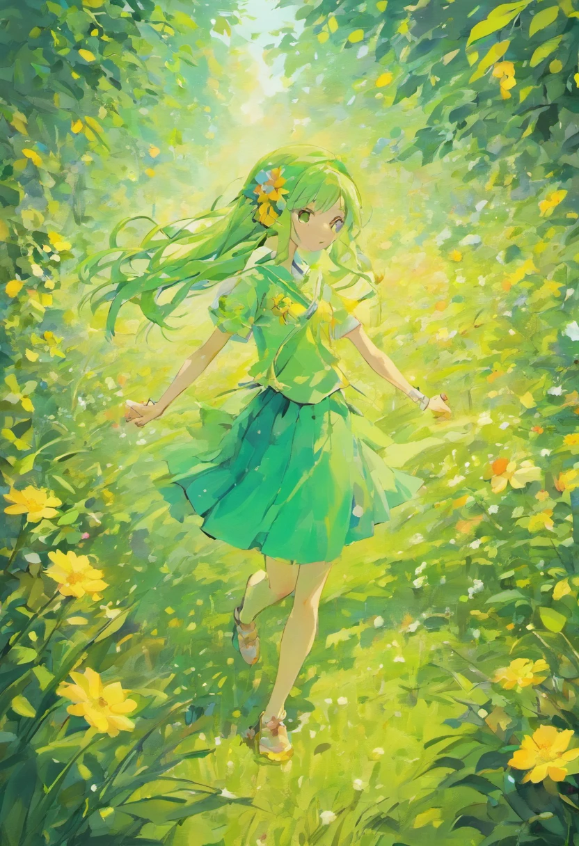 Blooming flowers flutter in the wind,Girl in flowers,Light green and silver design,Pay attention to the texture of the skin and flowers,Sony FE 12-24mm F/2.8 gm,Impressionist garden,Proficient in calligraphy,eco-friendly craftsmanship,Brush stroke exploration