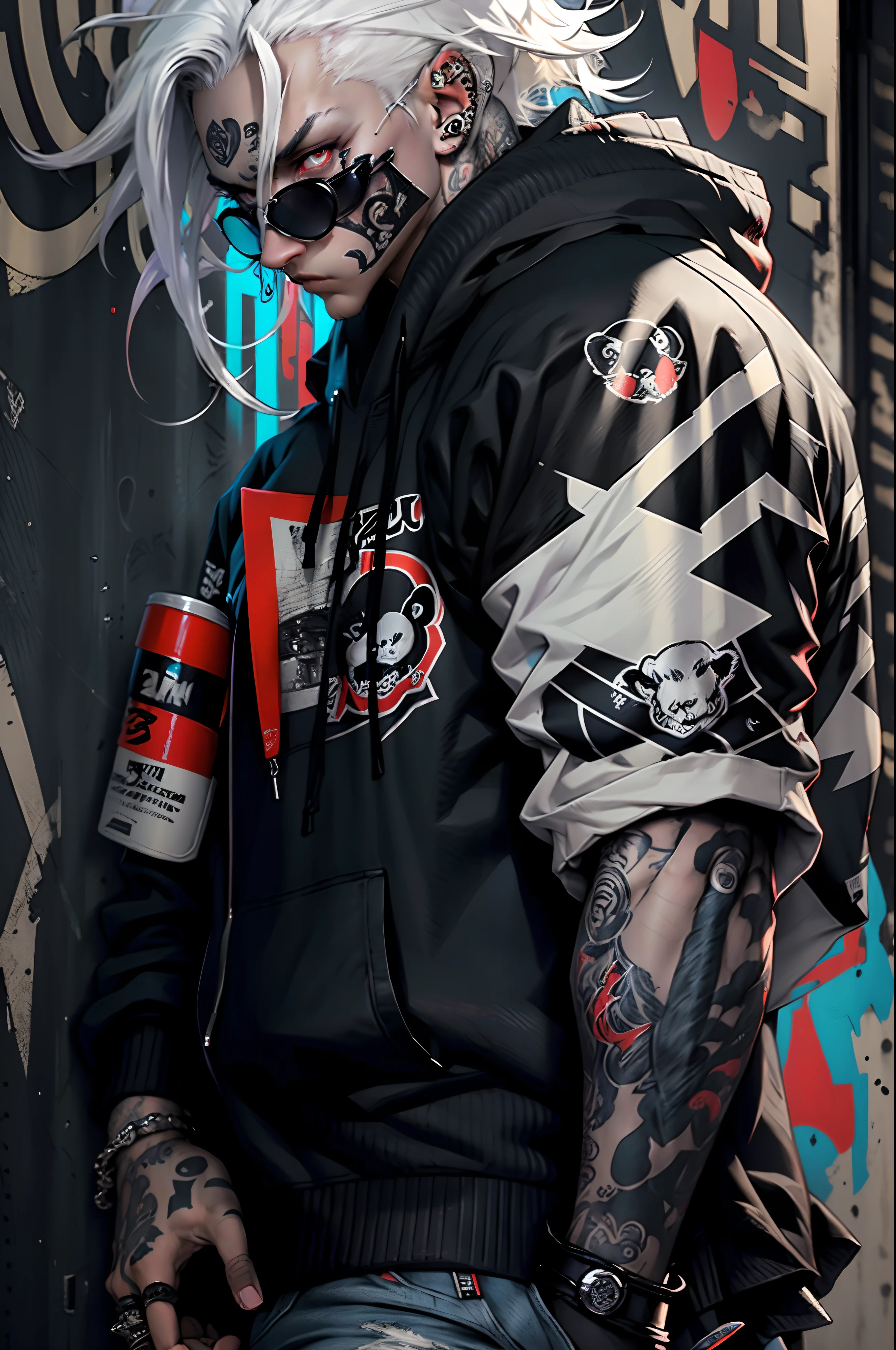 A cool and trendy panda, platinum hair, red eyes, wearing trendy hip hop clothing, wearing a hoodie, graphic t-shirt and torn jeans, tons of tattoos and piercings, graffiti style background, highly detailed background, perfect masterpiece, high quality, high resolution
