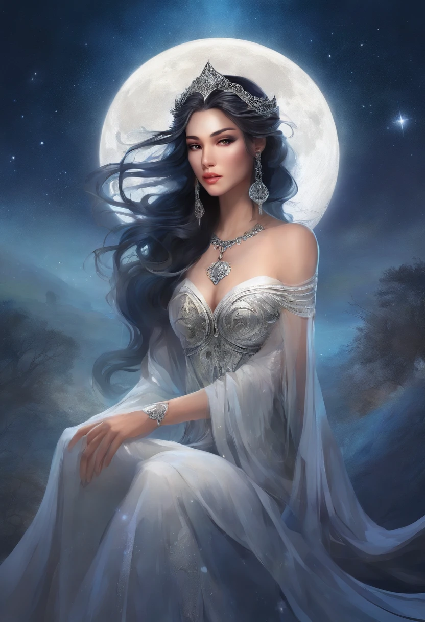 Goddess of the night with white and black hair and a moon-themed dress