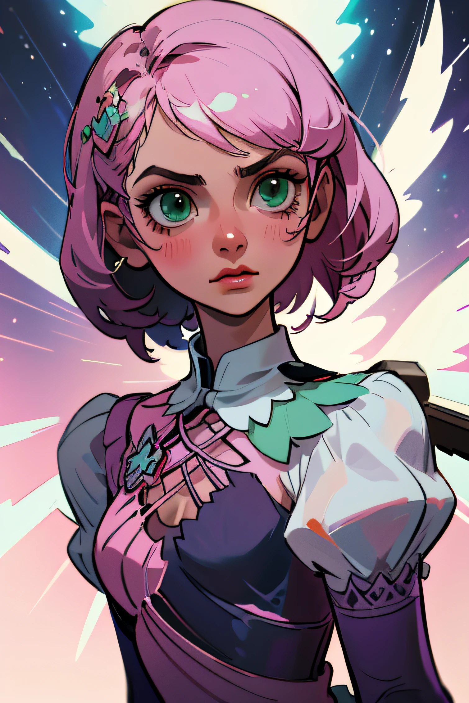 Alisa bosconovitch, melhor qualidade, contemporary, estilo plano, minimalismo, Green Eyes Flat Illustration, cabelo rosa, cabelo curto, cabelos multicoloridos, Camisa Preta, mechanical wings, Head Portrait Close-U, peito pontudo, decote, super decote, middlebreasts, Tekken,cabelo rosa pastel, 1girl, em quimono, hand-painted,Desenho de linha sem cor, Tekken Alisa Bosconovich pink lips, no estilo da paleta de cores suave aurorapunk, an anime illustration of his face, gifs animados, hand drawn animation, charming sketches, suave e brilhante, romantismo nebuloso, estilo superflat, fundo branco - ar 1:1 - niji 5 - estilo expressivo --s 50