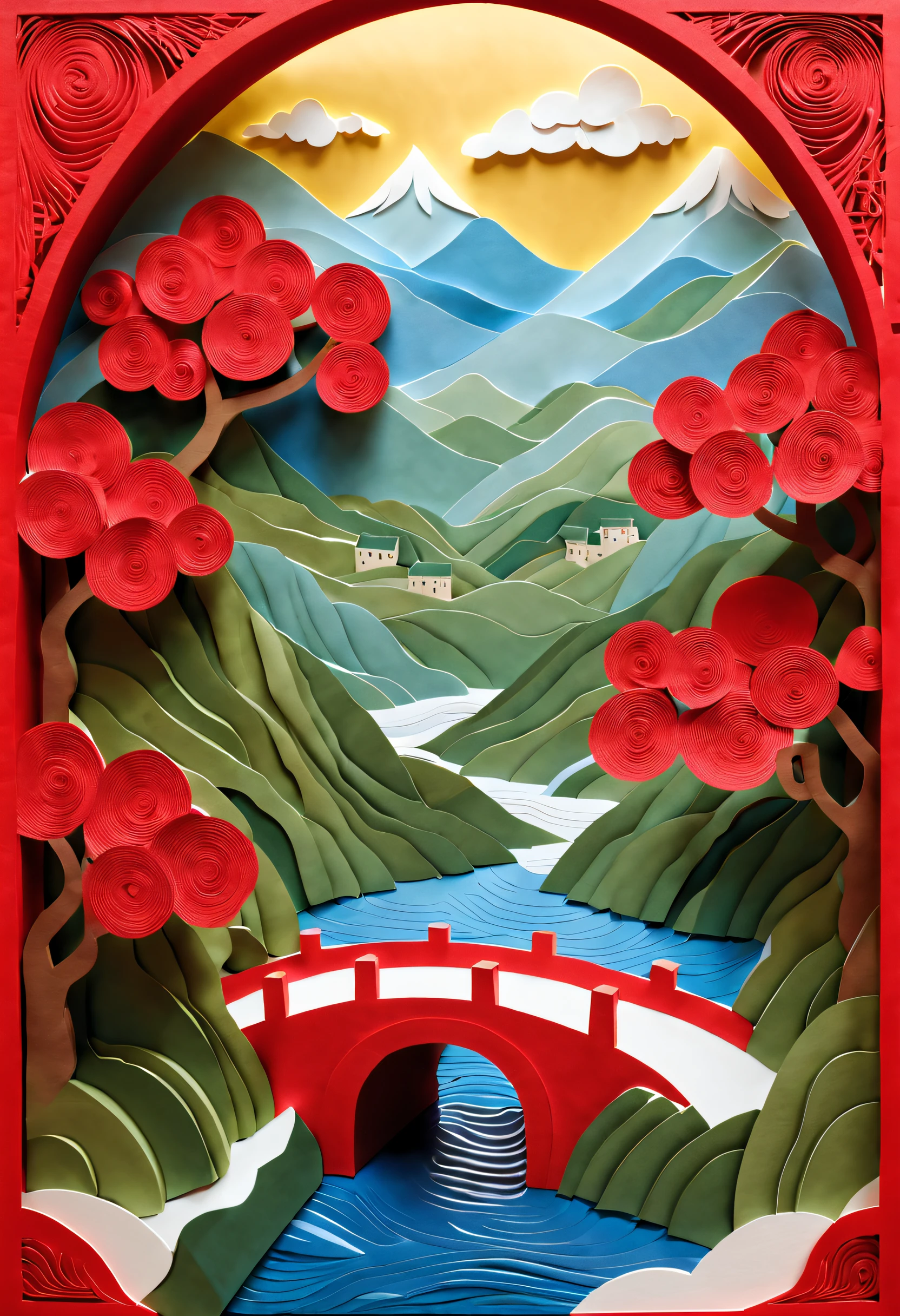 (paper art,Quilted paper art,geomerty),Complex illustration in paper cut art style,Paper_cut,Northern scenery,Looking inside and outside the Great Wall,Up and down the river, Sunny days,Look at the red dress,It's enchanting。 There are so many delicate rivers and mountains,((((Masterpiece))), Best quality,Rendered in 2D,And draw inspiration from postmodern art, As a play by the Guggenheim,best qualtiy,realisticlying,realisticlying,super-fine,highly elaborate carvings on ,