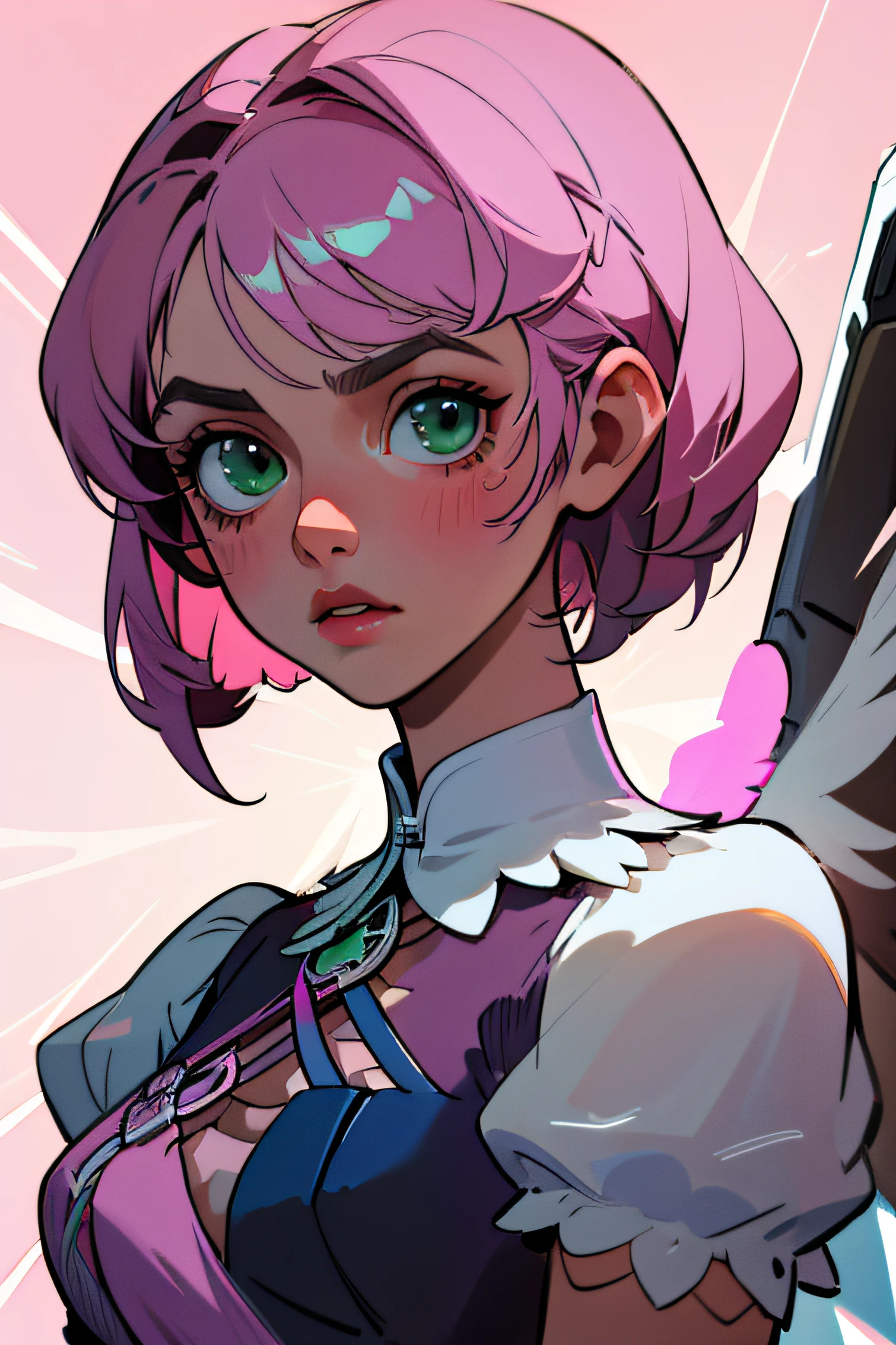 Alisa bosconovitch, melhor qualidade, contemporary, estilo plano, minimalismo, Green Eyes Flat Illustration, cabelo rosa, cabelo curto, cabelos multicoloridos, Camisa Preta, mechanical wings, Head Portrait Close-U, peito pontudo, decote, super decote, middlebreasts, Tekken，cabelo rosa pastel, 1girl, em quimono, hand-painted，Desenho de linha sem cor, Tekken Alisa Bosconovich pink lips, no estilo da paleta de cores suave aurorapunk, an anime illustration of his face, gifs animados, hand drawn animation, charming sketches, suave e brilhante, romantismo nebuloso, estilo superflat, fundo branco - ar 1:1 - niji 5 - estilo expressivo --s 50