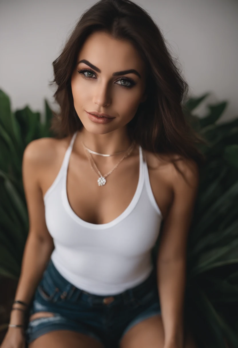 Arafed woman with a white tank top and necklace, arab,fille sexy aux yeux verts, Portrait Sophie Mudd, cheveux bruns et grands yeux, selfie of a young woman, Yeux de chambre, Violet Myers, sans maquillage, maquillage naturel, looking straight at camera, Visage avec Artgram, Maquillage subtil, Superbe photo du corps entier, piercing green eyes, Bel angle, pose attrayante, fille mignonne, sexy pose, Image du corps entier, corps entier, Prise de vue du corps entier, brunette goddess, High detail, pose satisfaite, Pantalon en cuir,