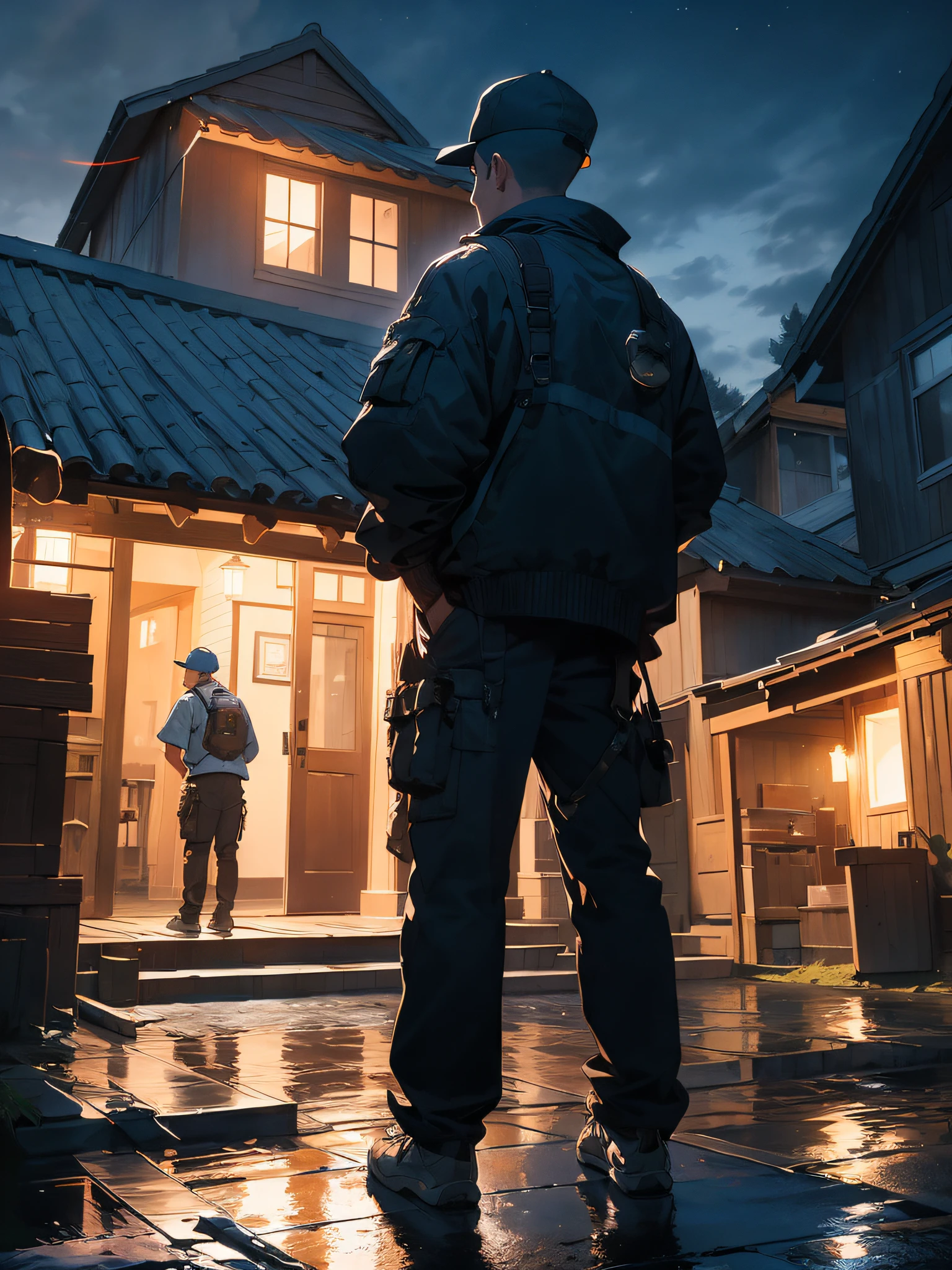 the night, There was standing in front of the house, A man in a cap, crew cut, determined, chiaroscuro, from outside, Wide-Angle, f/1.8, character chart, from behind, masterpiece, UHD