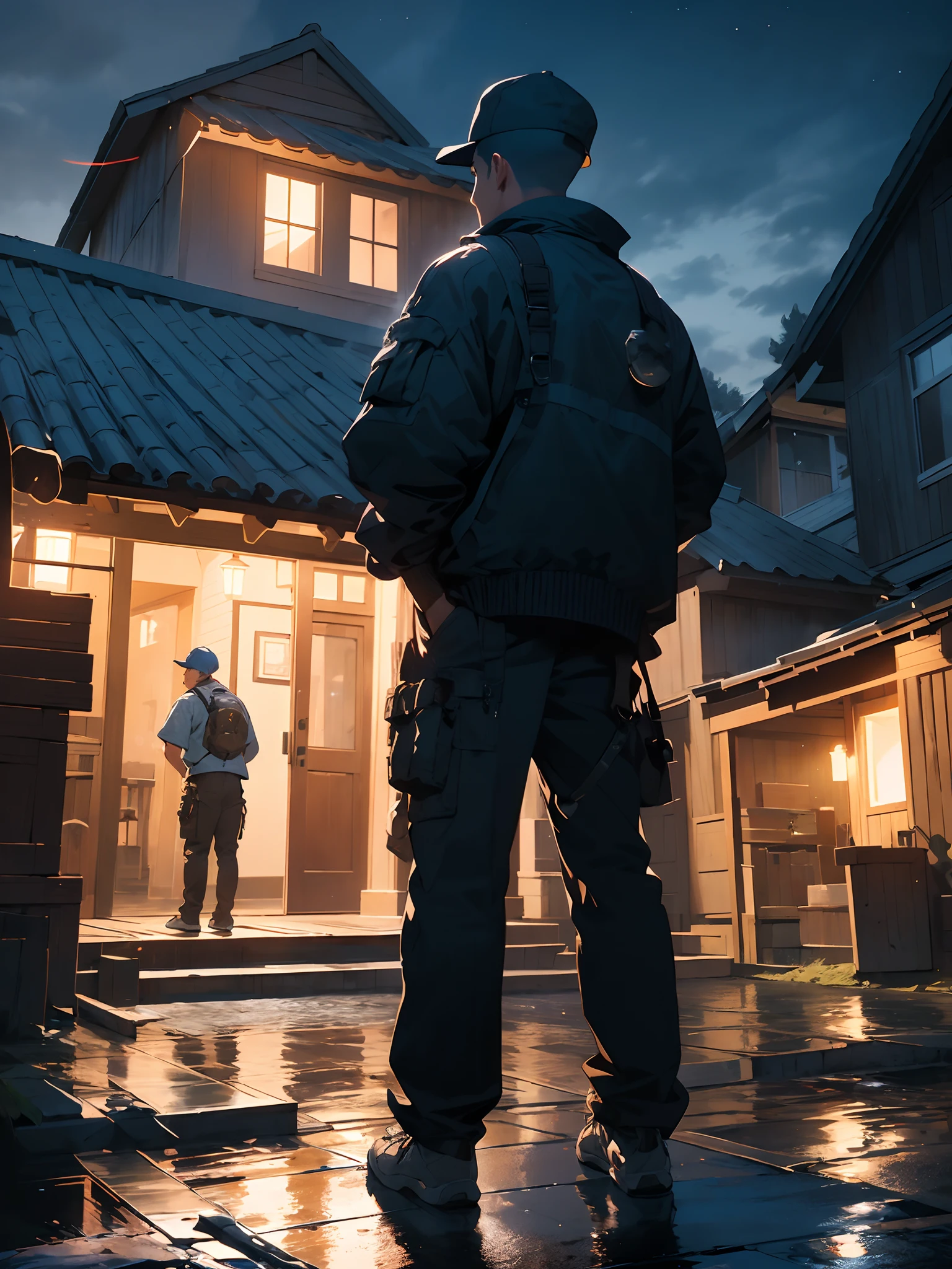 the night, There was standing in front of the house, A man in a cap, crew cut, determined, chiaroscuro, from outside, Wide-Angle, f/1.8, character chart, from behind, masterpiece, UHD