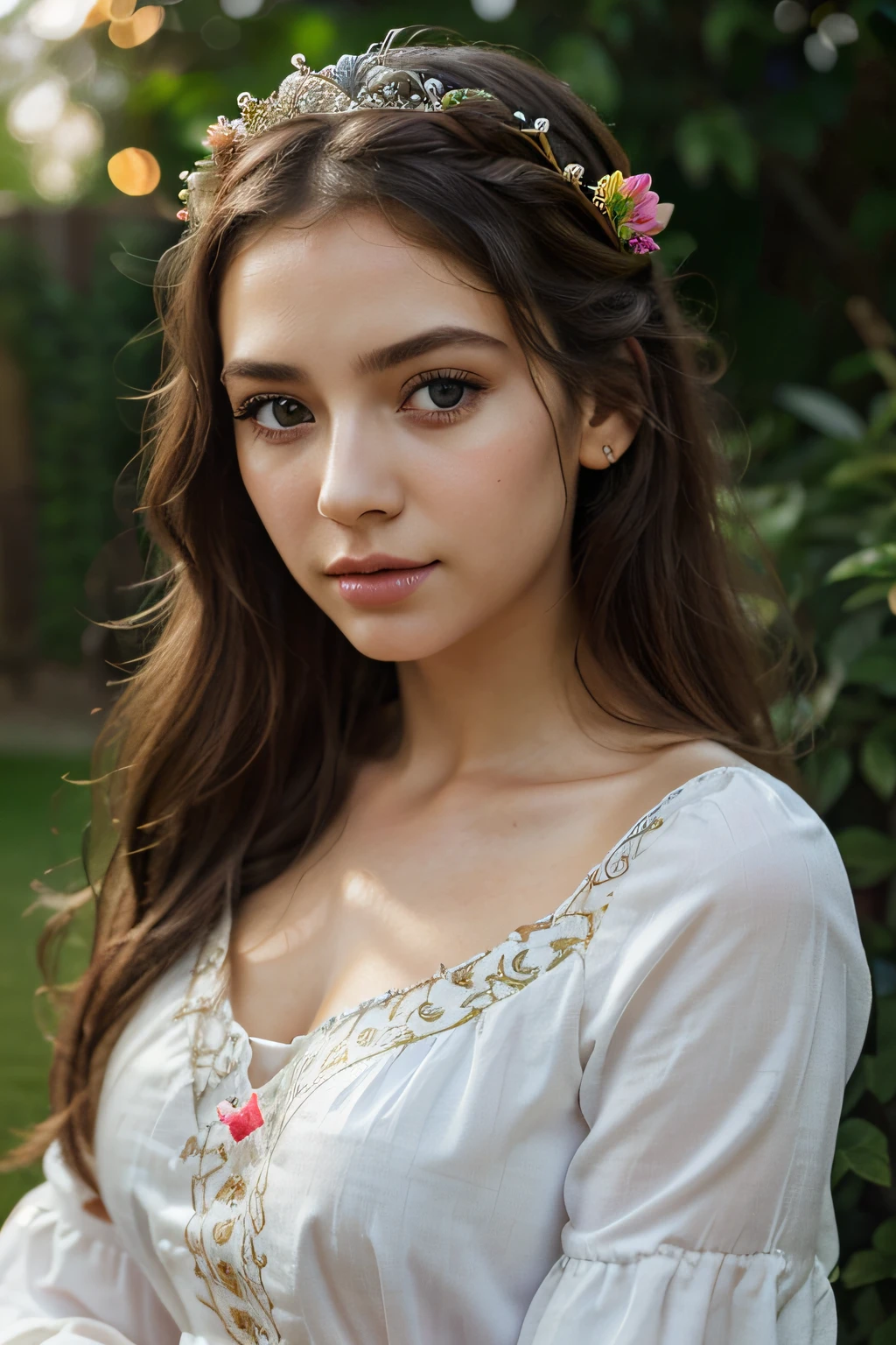 a close up of a woman in a white dress holding a flower,