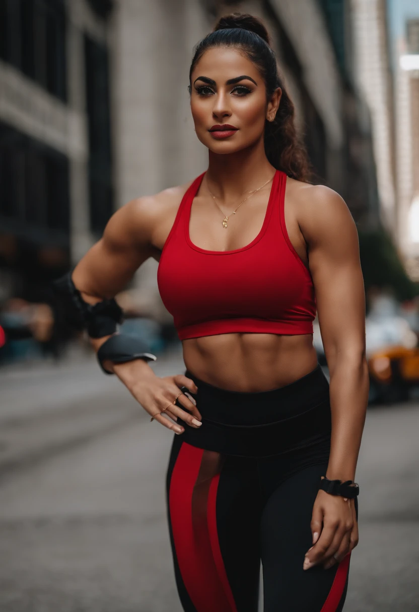 arabic woman in a black top and red pants, yellow eyes, pony tail, on a Chicago city street, crop shirt and strong abs, full body length shot, red gold and black outfit, fitness model, gorgeous female, athletic fashion photography, full body close-up shot, portrait of modern darna, fit curvy physique, red and gold, by Natasha Tan, profile image, gold and red, araffe woman in a black top and red pants on a Chicago city street, a portrait by Natasha Tan, trending on cg society, arabesque, crop shirt and strong abs, full body length shot, red gold and black outfit, fitness model, gorgeous female, full body close-up shot, athletic fashion photography, portrait of modern darna, fit curvy physique, female genie, female djinni, masterpiece