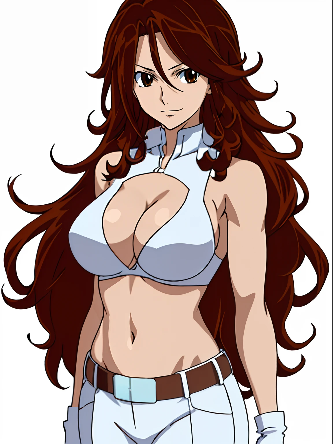 slightly Flexing arm muscles, Karate stance, ((standing, solo, 1 girl only)), Best Quality, hires, full body view, curvy midsection, (tilt head, defined weak muscles, detailed muscles), smile, kind face), upper body only, anime style: 1.8, anime drawing, ultra detailed face, ultra detailed body, 4k, Sumergai Lee Noriega, karate stance, best quality, anime style, hires, highest definition, digital blending, bold drawing lines, (((White Background))), ( (defined muscles), long belly, slim body, ((strong arm muscles)), broad shoulders , off-shoulders, closed fists, (two bras, shorts, white gloves, , arm band, white boots, (champion belt))), (large breasts, defined cleavage, closed mouth, big bellybutton, shiny skin, (thighs)), (big eyes, brown eyes, shiny eyes), (reddish hair, loose hair, curly hair, wavy hair, long hair, floating hair)
