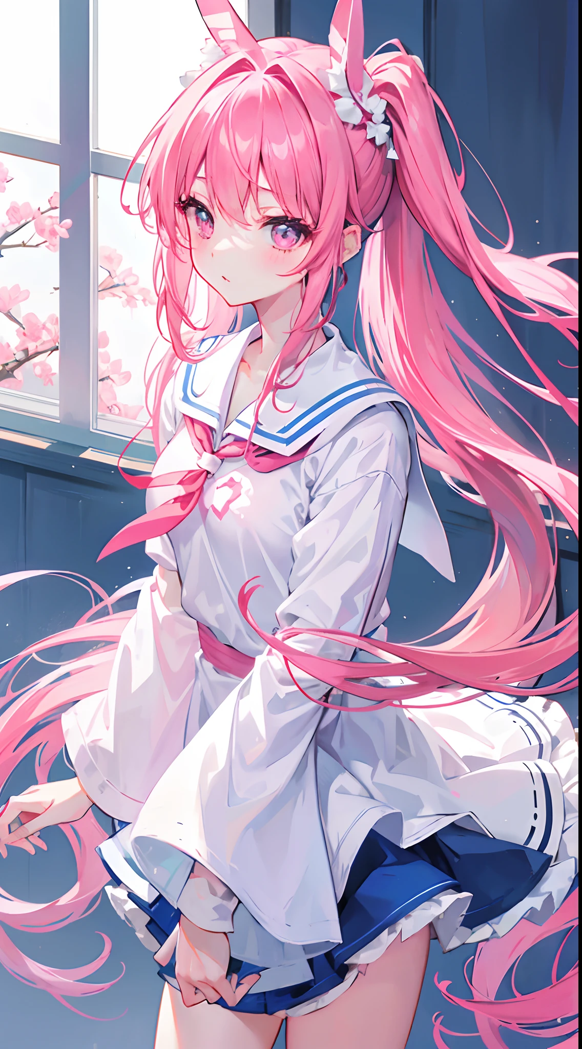 light blue long hair,Crimson pink eyes,The hair was tied up with two pink headbands,Short double ponytail,Qi bangs,Two long hair curtains on both sides,Wearing a white sailor's uniform school uniform,short skirt,Liu Hai pulled a hairpin,The sleeves are long,Fresh atmosphere,a warm color palette,The eyes have God,high light,tmasterpiece,Blushlush,expressiveless,Open your mouth slightly