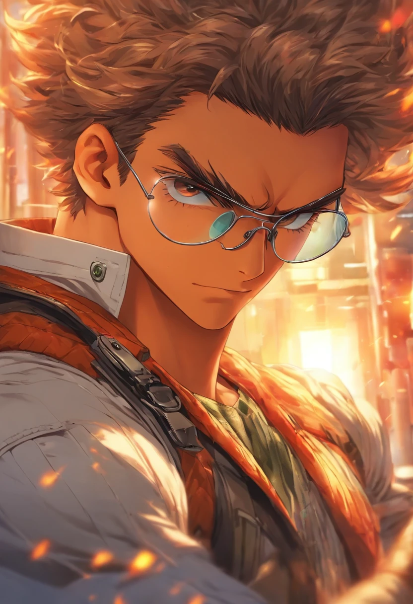 homem musculoso, academia, roupa de academia, aviator glasses, cabelo preto, anime, desenho, alta qualidade, bonito, cicatriz na sobrancelha, detalhes, arte