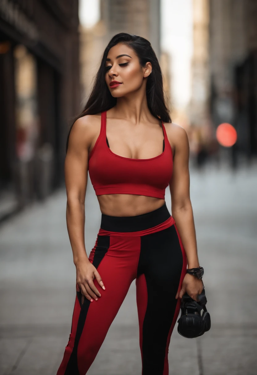 arabic woman in a black top and red pants, yellow eyes, pony tail, on a Chicago city street, crop shirt and strong abs, full body length shot, red gold and black outfit, fitness model, gorgeous female, athletic fashion photography, full body close-up shot, portrait of modern darna, fit curvy physique, red and gold, by Natasha Tan, profile image, gold and red, araffe woman in a black top and red pants on a Chicago city street, a portrait by Natasha Tan, trending on cg society, arabesque, crop shirt and strong abs, full body length shot, red gold and black outfit, fitness model, gorgeous female, full body close-up shot, athletic fashion photography, portrait of modern darna, fit curvy physique, female genie, female djinni, masterpiece