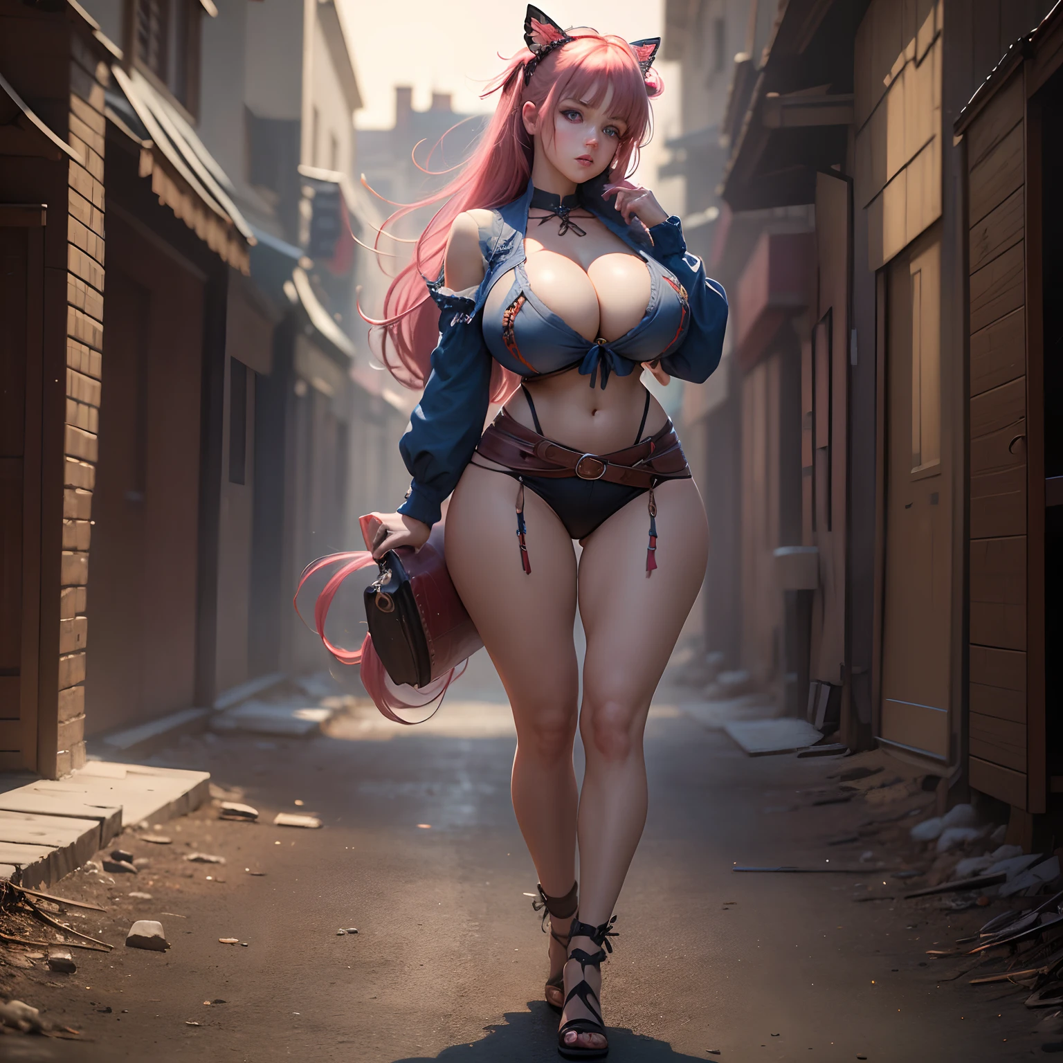 8k, masterpiece, best quality, realistic, higly detailed, cowboy shot, 1girl, solo, Nino, cute, cold-looking girl, waist-length straight hair, square bangs hanging over eyebrows, reddish-pink hair, twin butterfly-shaped ribbons on both sides of head, dark blue eyes, average height, well-endowed figure, large breasts, fashionable girl, various cute accessories, takes care of nails, (cleavage, (full body:1.3), sexy figure, (big boobs:1.3), (big ass:1.3), (masterpiece) (perfect proportion)(realistic photo)(best quality) (detailed) (8k) (HDR) (wallpaper) (cinematic lighting) (sharp focus) (intricate)