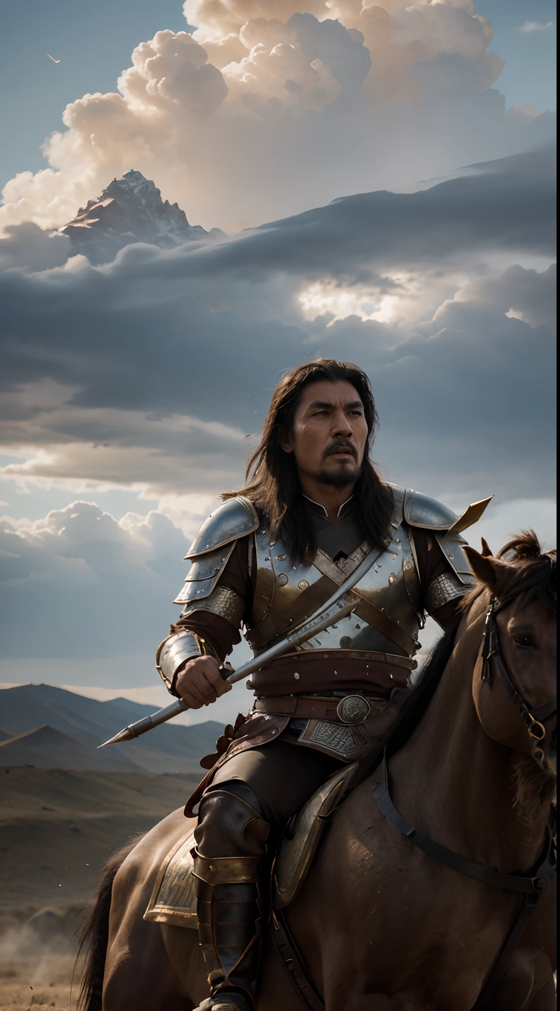 best quality,ultra-detailed,realistic,photo of Genghis Khan,warrior king,fierce expression,ancient Mongolian landscape,shimmering armor,flowing black hair,powerful stance,proud and noble,conqueror of nations,empire builder,historic battle scene,vast cavalry,flaming arrows,powerful war horse,intense battlefield,ominous storm clouds,dusty battlefield,horde of warriors,majestic eagle soaring above,storied leader,legendary figure,historical masterpiece,dramatic lighting,rich earthy tones,ageless hero,leader of the Mongol Empire,mighty warrior on horseback,imposing presence,unstoppable force,legacy of conquest,wisdom and strength,eternal symbol of power,commanding aura