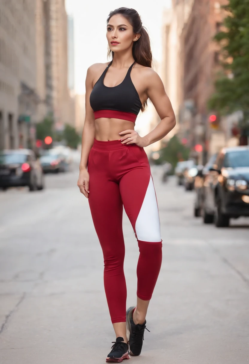 arabic woman in a black top and red pants, yellow eyes, pony tail, on a Chicago city street, crop shirt and strong abs, full body length shot, red gold and black outfit, fitness model, gorgeous female, athletic fashion photography, full body close-up shot, portrait of modern darna, fit curvy physique, red and gold, by Natasha Tan, profile image, gold and red, araffe woman in a black top and red pants on a Chicago city street, a portrait by Natasha Tan, trending on cg society, arabesque, crop shirt and strong abs, full body length shot, red gold and black outfit, fitness model, gorgeous female, full body close-up shot, athletic fashion photography, portrait of modern darna, fit curvy physique, female genie, female djinni, masterpiece