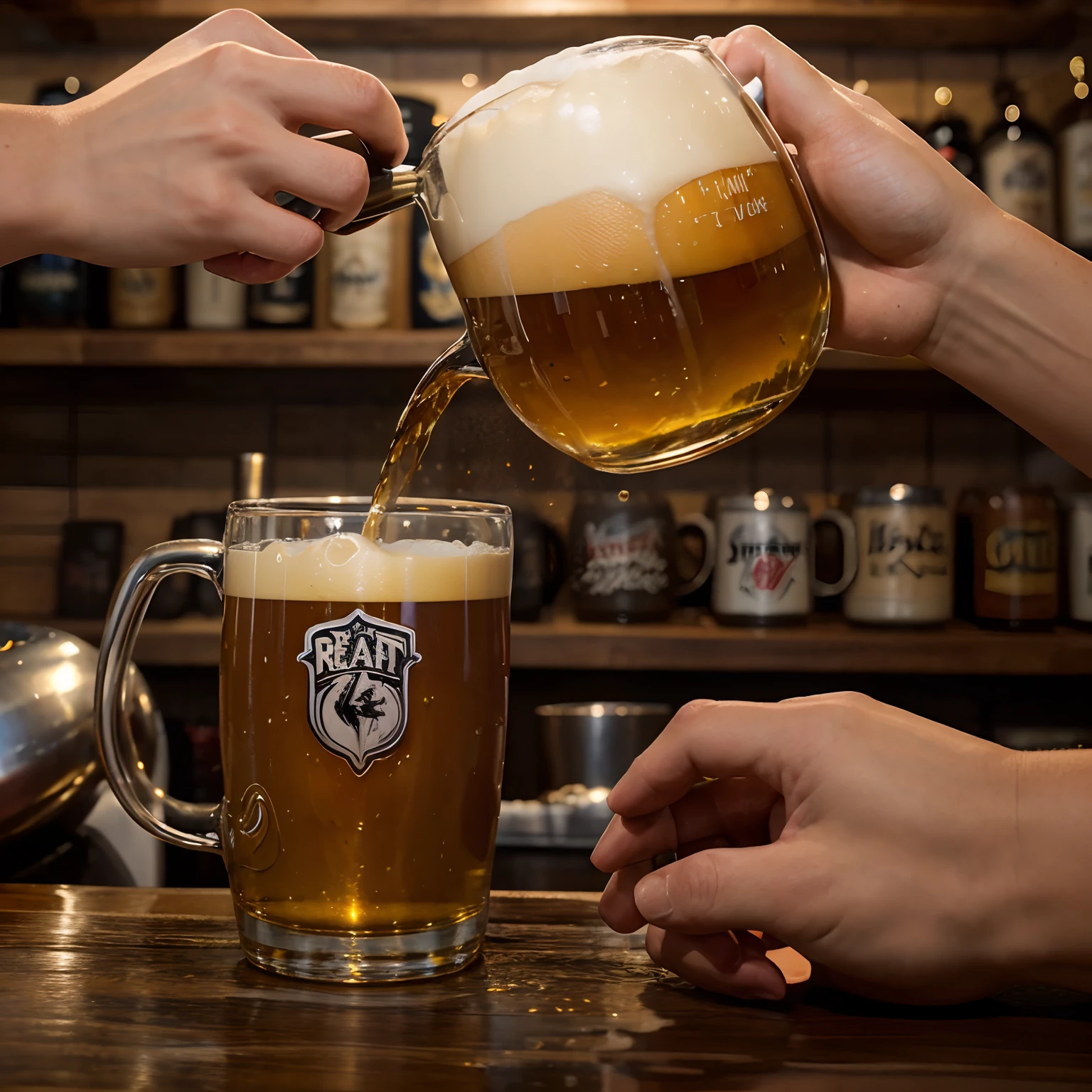 Create a hand pouring the draft beer from a mug and forming a wave with the poured beer and someone surfing the wave