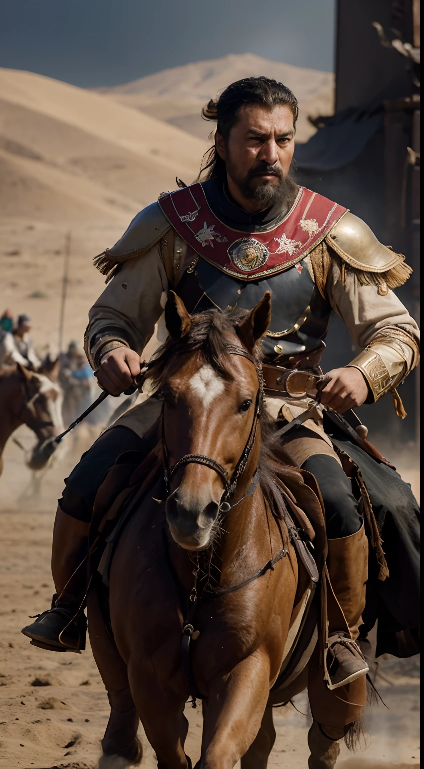 (best quality,4k,8k,highres,masterpiece:1.2),ultra-detailed,(realistic,photorealistic,photo-realistic:1.37),Genghis Khan,negotiating,leader of Valoia,troops,portrait,historical event,conquest,empire,military,cultural exchange,diplomacy,political elites,discussion,diplomatic mission,massive army,central Asia,Mongol Empire,diplomatic table,warriors,horseback,traditional dress,horse,weapons,troop formation,foreign dignitaries,confidence,authority,intense gaze,wheathering,campfire smoke,strong leadership,tactical strategy,conqueror,diplomatic success,valiant,confident stare,vivid colors,expressive faces,determined,serious expressions,eye contact,bravery,resilience,sandstorm in the background,realistic lighting effect,impressive composition,compelling storytelling,Nomadic culture,dynamic and powerful scene,rich cultural heritage,historical significance,heroic figure.
