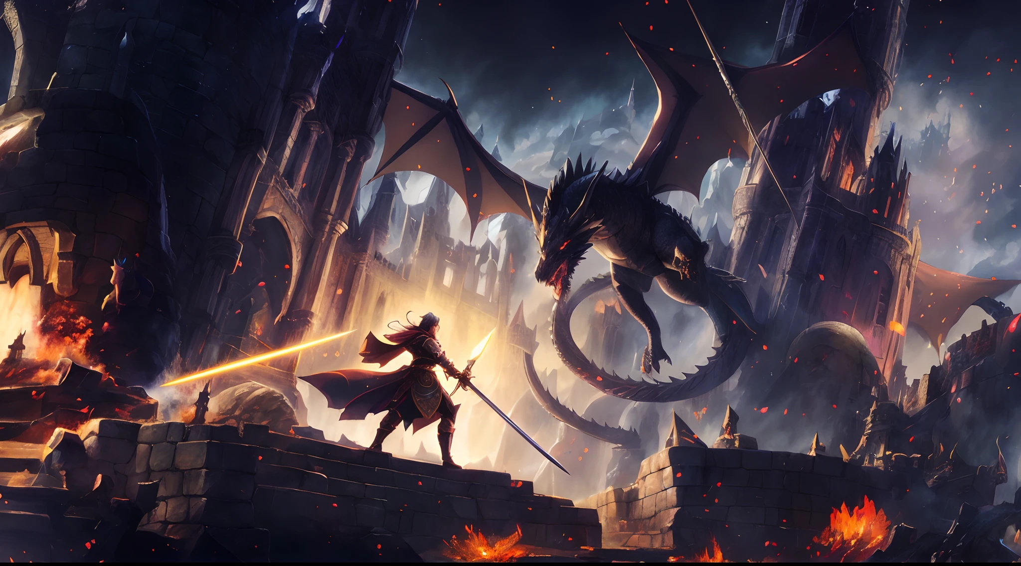 anime scene of a man with a sword and a dragon in a castle, dungeon and dragon illustration, dungeon and dragons art, battle with dragon, dungeons and dragons fantasy art, d & d fantasy digital art, epic fantasy game art, epic rpg artwork, 4k fantasy art, epic fantasy digital art style, epic fantasy artwork, 8k fantasy art, epic fantasy illustration