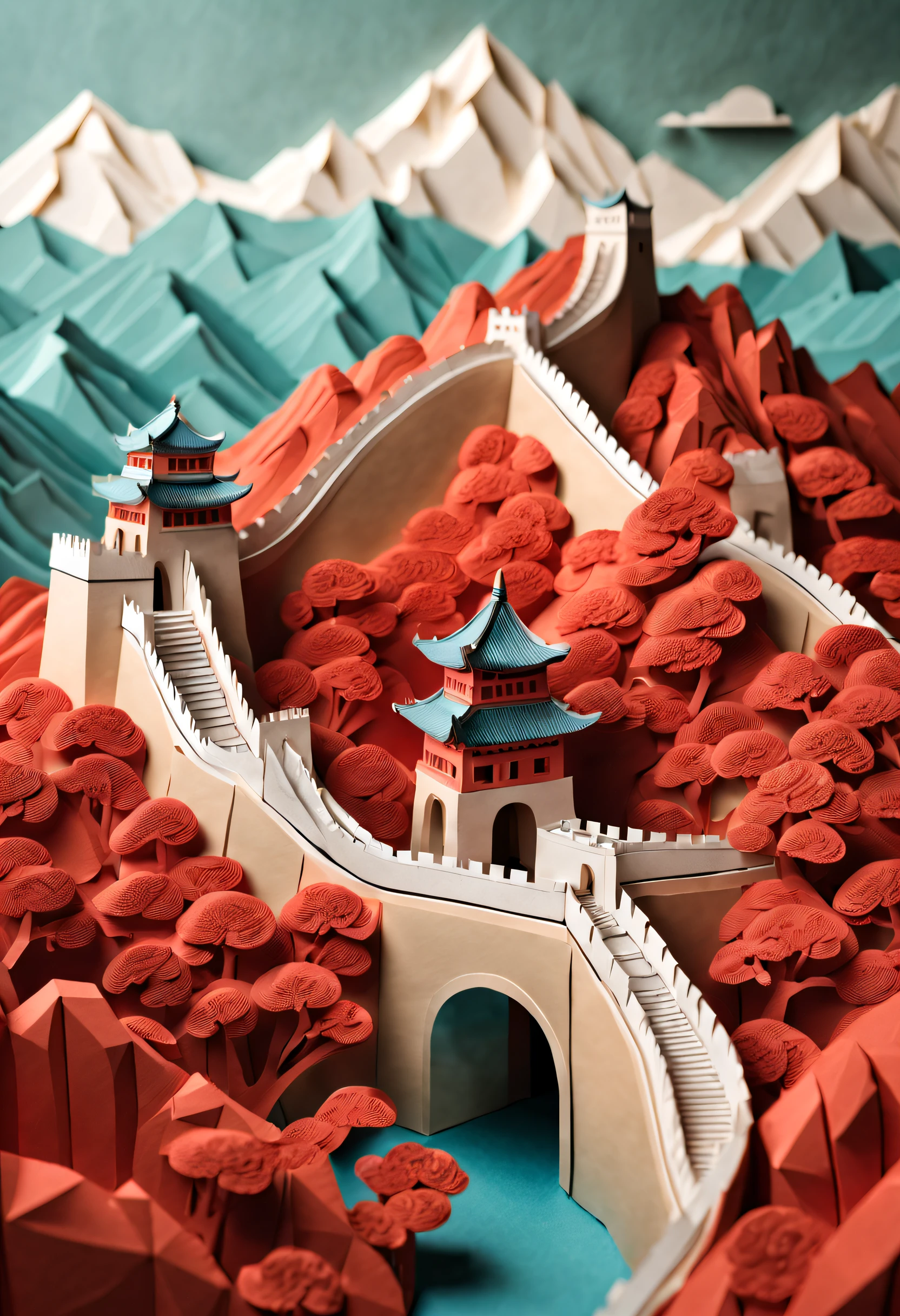 Intricate illustrations in paper art style,Great Wall of China,Rendered in 3D,And draw inspiration from postmodern art, As a play by the Guggenheim,best qualtiy,realisticlying,realisticlying,super-fine,highly elaborate carvings on ,