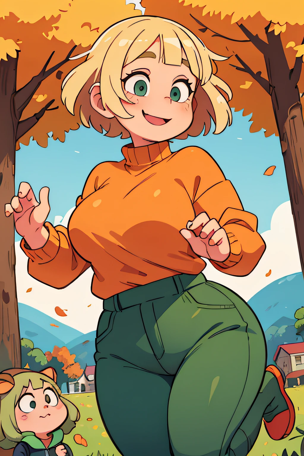 An overweight girl, fat, round, with blonde short hair, The eyes are green, orange oversized sweater, Autumn landscape, jumping, smile