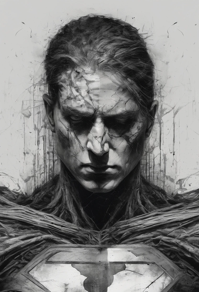 Superman, Perfect centralization, coelho (franco)de Donnie, Standing position, beleza abstrata, Centrado, looking at the camera, Facing the camera, nearing perfection, triste, desespero, corpo inteiro, hands on her head, Dynamic, altamente detalhado, liso, foco nítido, 8k, high-definition resolution, illustration, arte de Carne Griffiths e Wadim Kashin, fundo branco