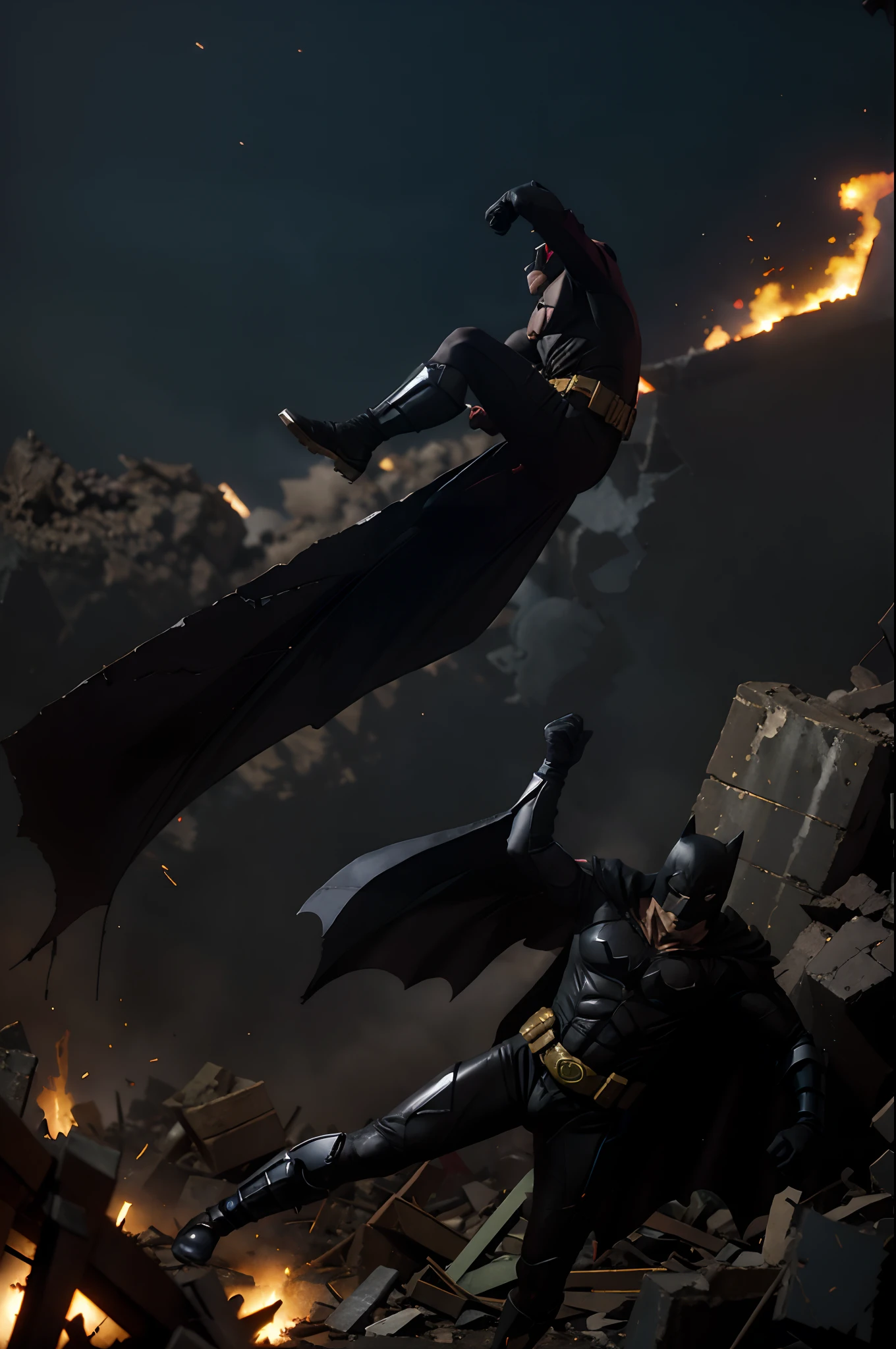 Batman se infiltrou nas linhas inimigas durante a Segunda Guerra Mundial, gliding silently among the wreckage and avoiding the explosions. His dark suit and martial arts prowess made him a deadly shadow among the bodies of fallen soldiers. He was determined to uncover the enemy's secret plans and prevent them from falling into the wrong hands
