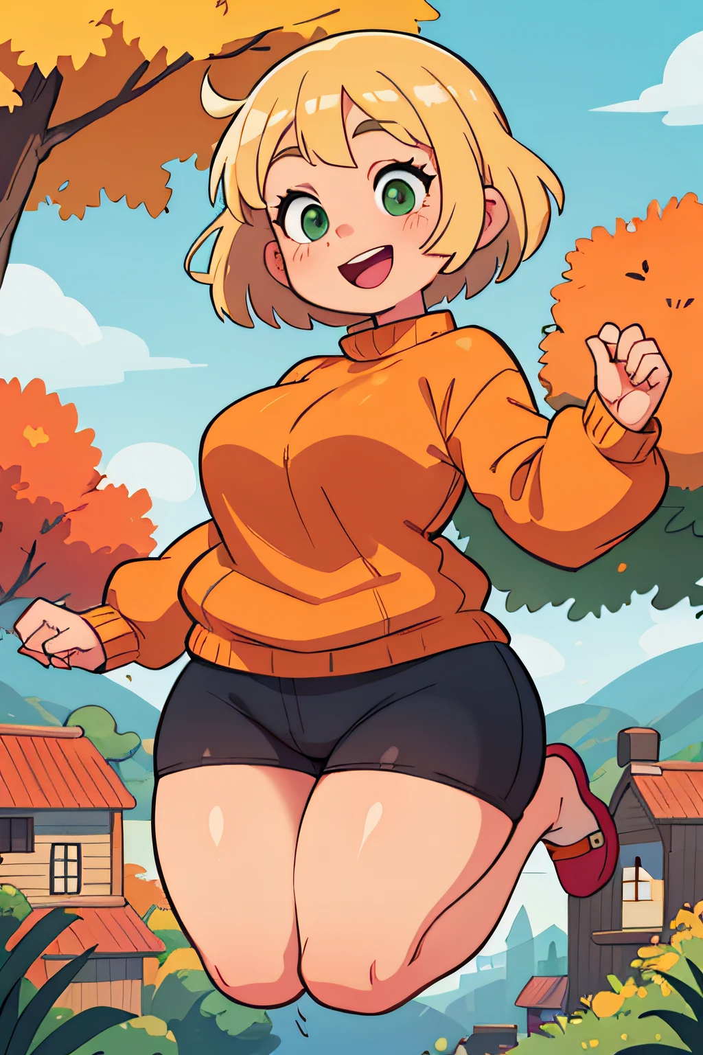 An overweight girl, fat, chubby, round, with blonde short hair, The eyes are green, orange oversized sweater, Autumn landscape, jumping, smile