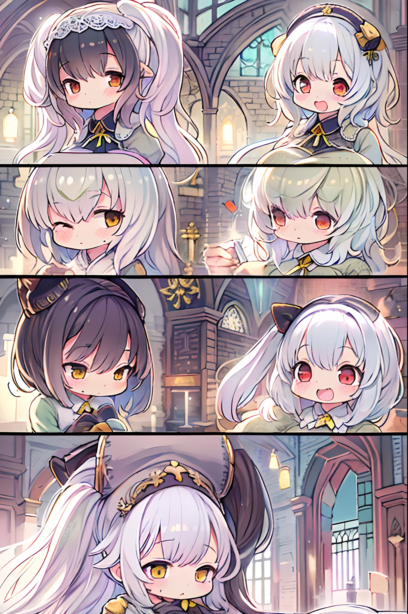 High resolution, Best Quality, masutepiece, Ultra high definition, Ultra high definition, .。.3D, Anime, Illustration, In a church、wedding hall、Two women in wedding dresses、2girls,girl1:bbw、huge-breasted、、Chibi adorable,Black hair,Bob-cut hair,huging、stare、weddingdress、Girl 2:adolable,A pink-haired,Long grey hair,huge-breasted、huging、stare、weddingdress、Chibi