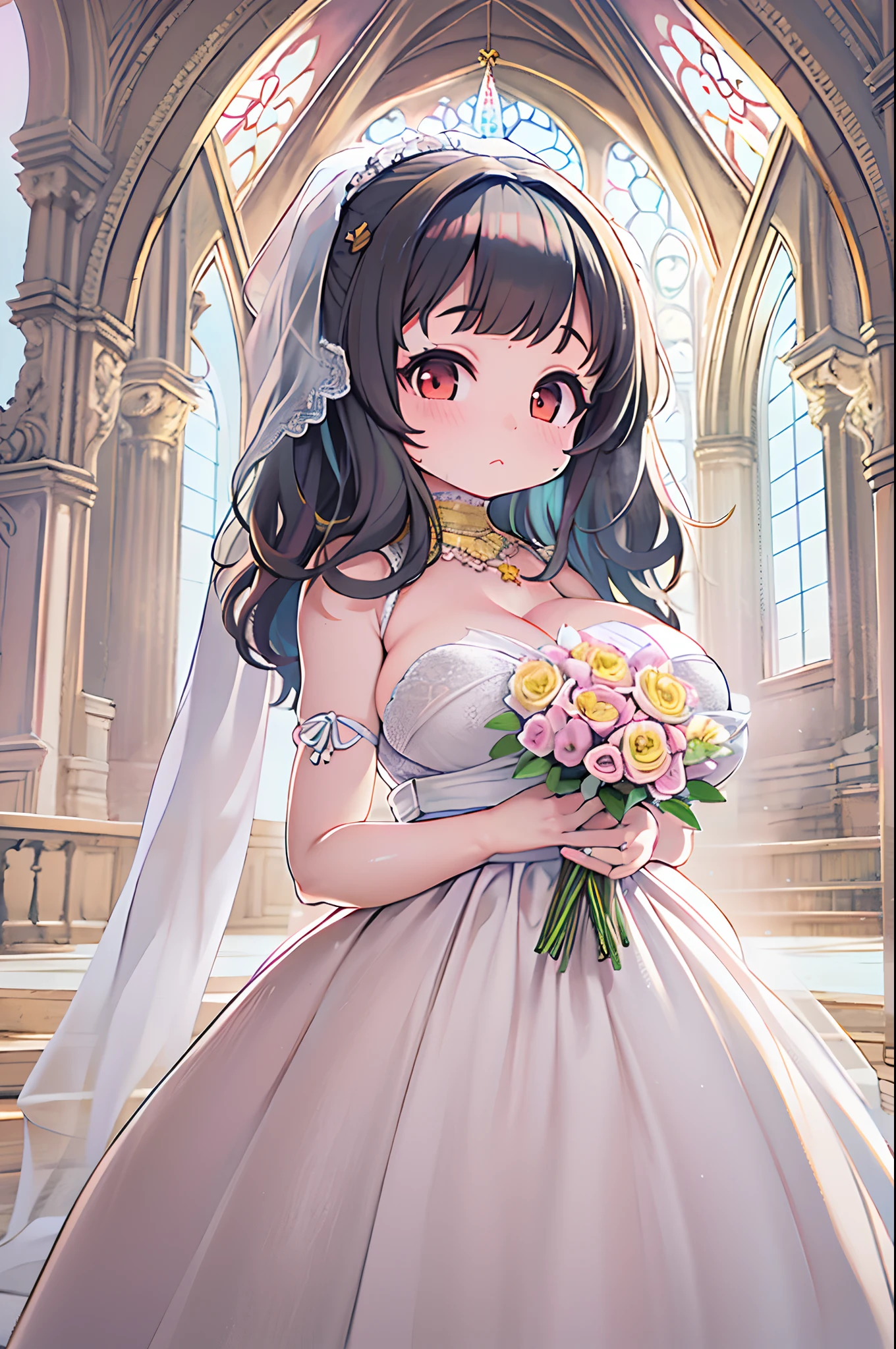 High resolution, Best Quality, masutepiece, Ultra high definition, Ultra high definition, .。.3D, Anime, Illustration, In a church、wedding hall、Two women in wedding dresses、2girls，girl1：bbw、huge-breasted、、Chibi adorable，Black hair，Bob-cut hair，huging、stare、weddingdress、Girl 2：adolable，A pink-haired，Long grey hair，huge-breasted、huging、stare、weddingdress、Chibi