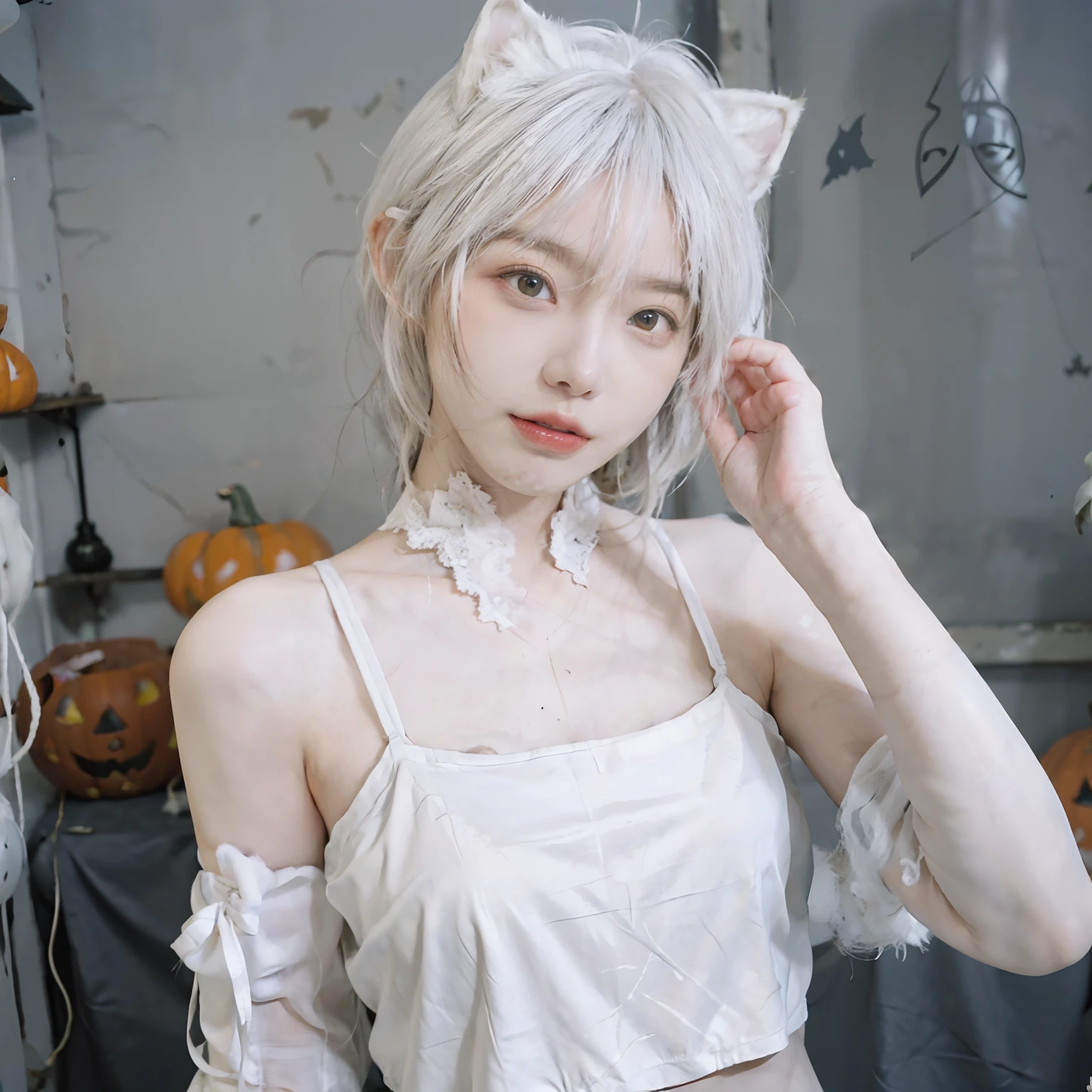 8K、(((Halloween atmosphere)))、(White underwear)、(sexy  pose)、(((White hair color))) 、pumpkins、undersized head、Best Quality, 超A high resolution, (Realism: 1.4), Realistic Photos, (True skin texture: 1.3), Beautiful eyes and face details, masutepiece, Best Quality, bob cuts、18year old、(((White cat ears)))