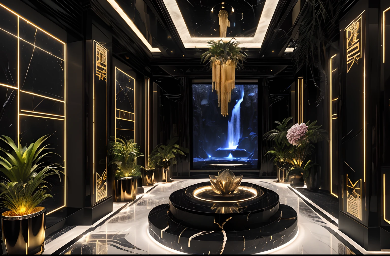 incredible black luxurious futuristic interior in Ancient Egyptian style with many (((lush plants, gorgeous flowers))), (lotus flowers), ((palm trees)), rocky walls, ((sand)), ((waterfalls)) (marble), ((precious minerals)), ((metals)), (gemstones), crystals, clouds and (water), ((luxury furniture)), Egyptian Pharaoh, (hieroglyphics), (((ultra luxury))), (black marble) – with ((beautiful lights)), Unreal Engine, HQ, 16k
