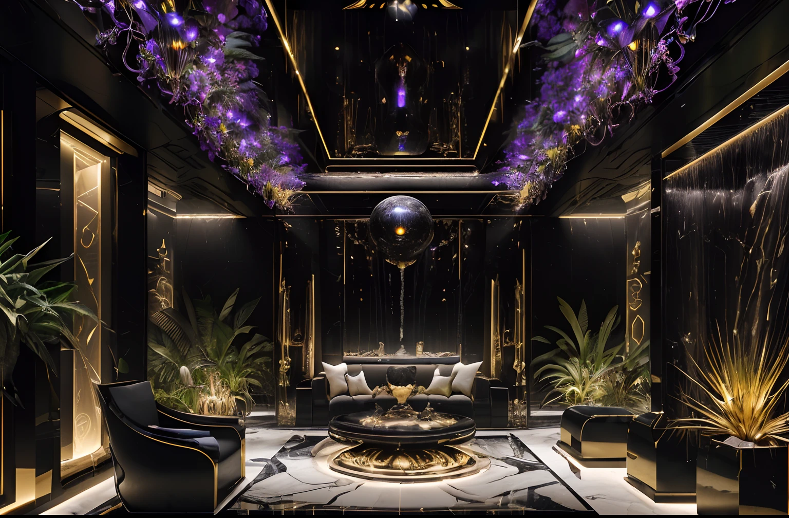 incredible black luxurious futuristic interior in Ancient Egyptian style with many (((lush plants, gorgeous flowers))), (lotus flowers), ((palm trees)), rocky walls, ((sand)), ((waterfalls)) (marble), ((precious minerals)), ((metals)), (gemstones), crystals, clouds and (water), ((luxury furniture)), Egyptian Pharaoh, (hieroglyphics), (((ultra luxury))), (black marble) – with ((beautiful lights)), Unreal Engine, HQ, 16k