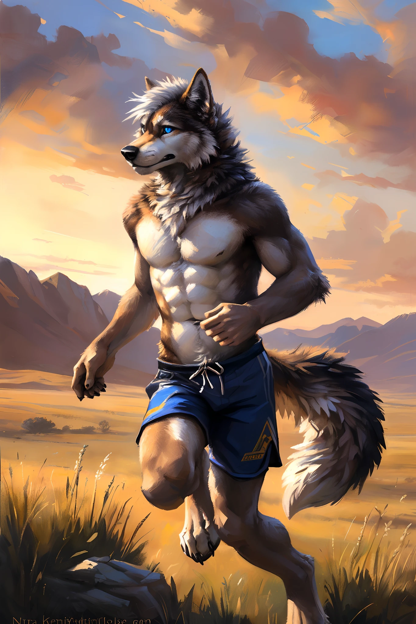((Solo)), male people, anthro wolf, (Multi-colored fur, White-brown:1.3，White tail pointed), ((Wolf face, White hair, Big eyes, White eyelids, Blue pupil, Slim:1.2) (Tough, Calm expression:1.2)), Abs, Slim, pinging)), (Correct anatomy), (Work shorts:1.1), The upper body is naked, (detailed outfits),A long big tail，Feet，(Realistic fur, Detailed fur texture, labeled:1.3)), (Natural lighting), Photorealistic, Hyperrealistic, ultradetailed, by Kenket，Endless grasslands，There are no trees，There are no big stones，No artificiality，erect through，Running on