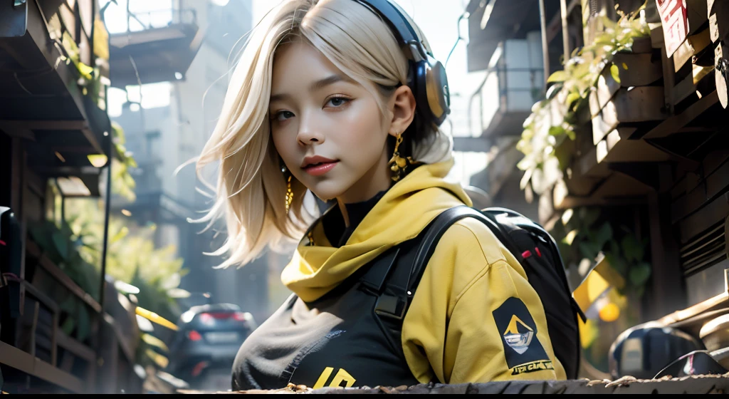 best quality, highres, solo, blonde hair, a female character is wearing a yellow and black colored outfit with a backpack and a yellow vest, dark black and yellow travel & sports leisure, blue eyes, long hair, hoop earrings, headphones, chunky cuban link jewelry, medium breasts, loose and fluid, pigeoncore, elaborate costumes, neo-dadaist, outdoor conference, mechanized precision, in the style of mecha sci-fi anime