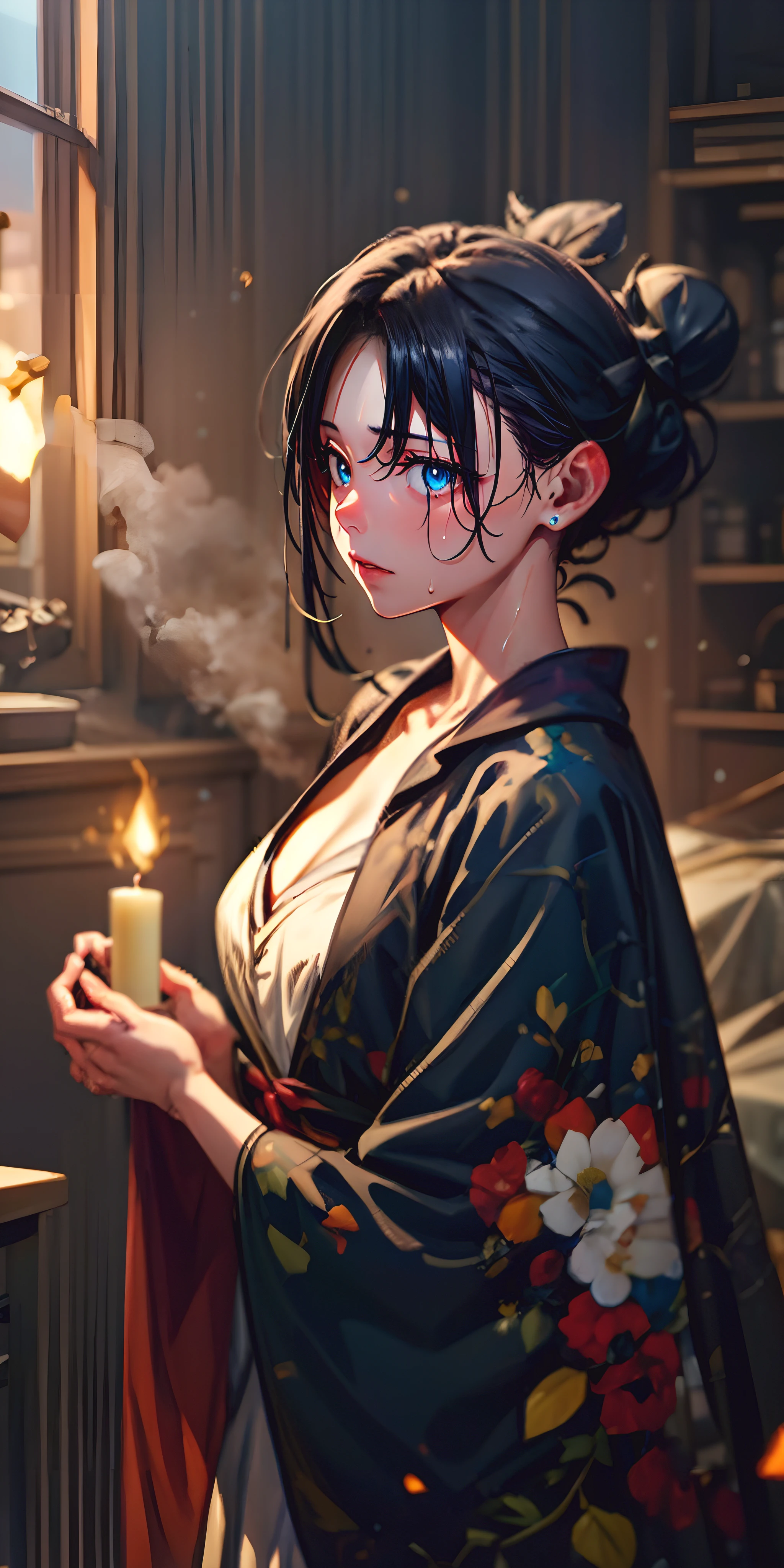 (hair_bun, black hair:1.6), blue eyes, sweating, glowing eyes, heavy breathing, female focus, 1girl, breasts, solo, fire, looking_at_viewer, large_breasts, candle, cape, dress, cleavage, indoors, circlet, light_particles, cloak, jewelry, long_sleeves, lips, standing, purple_dress, "glow effects, godrays, Hand drawn, render, 8k, octane render, cinema 4d, blender, dark, atmospheric 4k ultra detailed, cinematic, Sharp focus, big depth of field, Masterpiece, colors, 3d octane render, 4k, concept art, trending on artstation, hyperrealistic, Vivid colors, extremely detailed CG unity 8k wallpaper, trending on CGSociety, Intricate, High Detail, dramatic", anime coloring, anime screencap, sweating, steaming body, fog,