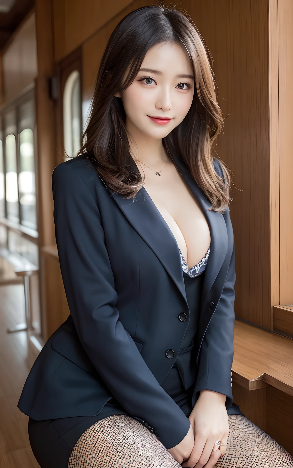 masutepiece, Best Quality, Illustration, Ultra-detailed, finely detail, hight resolution, 8K Wallpaper, Perfect dynamic composition, Beautiful detailed eyes, sexy underwear,Bob Hair, mid-chest, Natural Color Lip, Random and sexy poses,Smile,20 years girl、Colossal tits、bullet train、Suits、Suit jacket、fishnet tights、sitting on、Composition from the side、 Nipple out