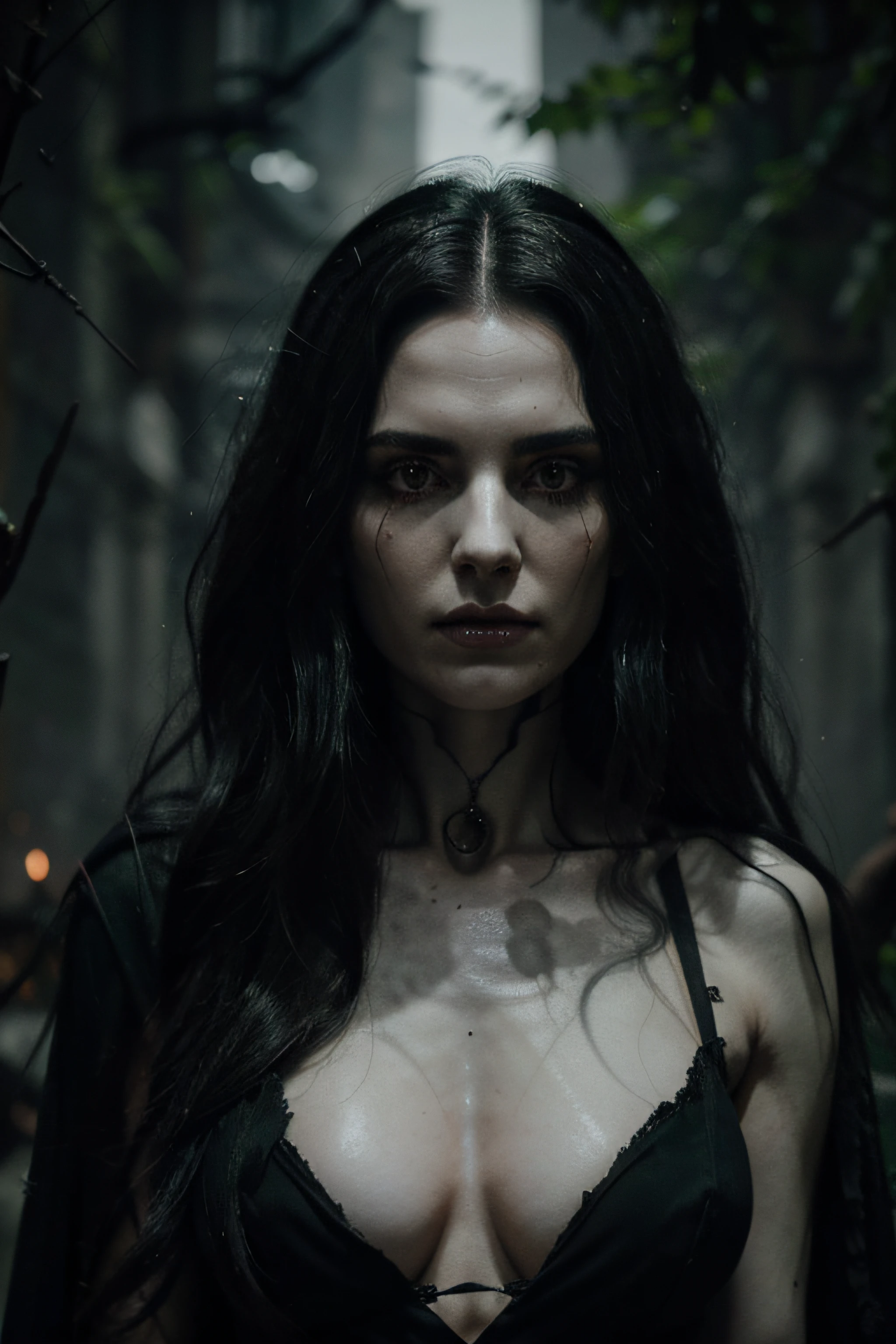 a menacing witch with sharp, angular features. Her skin is a sickly, ghostly white, and her eyes are hollow, dark voids with a sinister green glow. Her hair is a tangled mass of ebony locks, swirling with ominous, smoky tendrils. She wears a tattered, blood-red cloak adorned with ominous, shifting shadow patterns. Her bony, skeletal fingers end in long, jagged, obsidian-black nails.