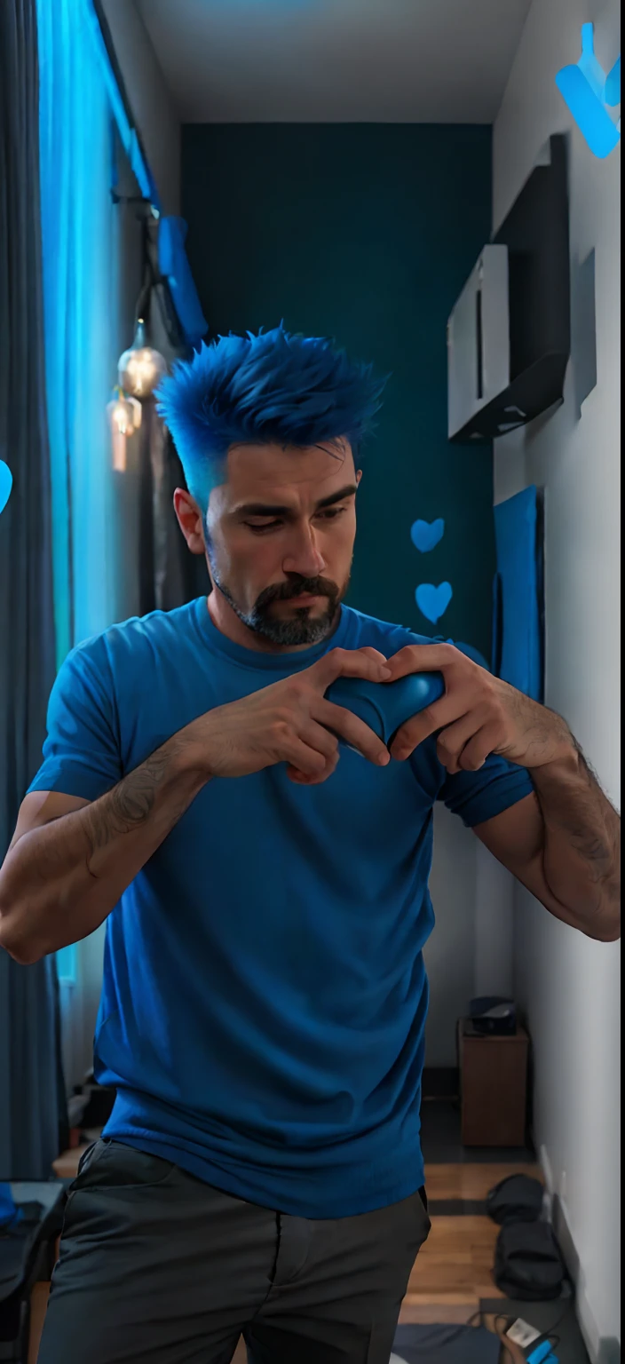 there is a man standing in a room with a blue wall, man with a blue heart, photo taken in 2 0 2 0, mid shot portrait, very very low quality picture, shot on nikon z9, shot on canon eos r 5, shot on canon eos r5, shot on sony a 7, photo taken at night, low quality photo