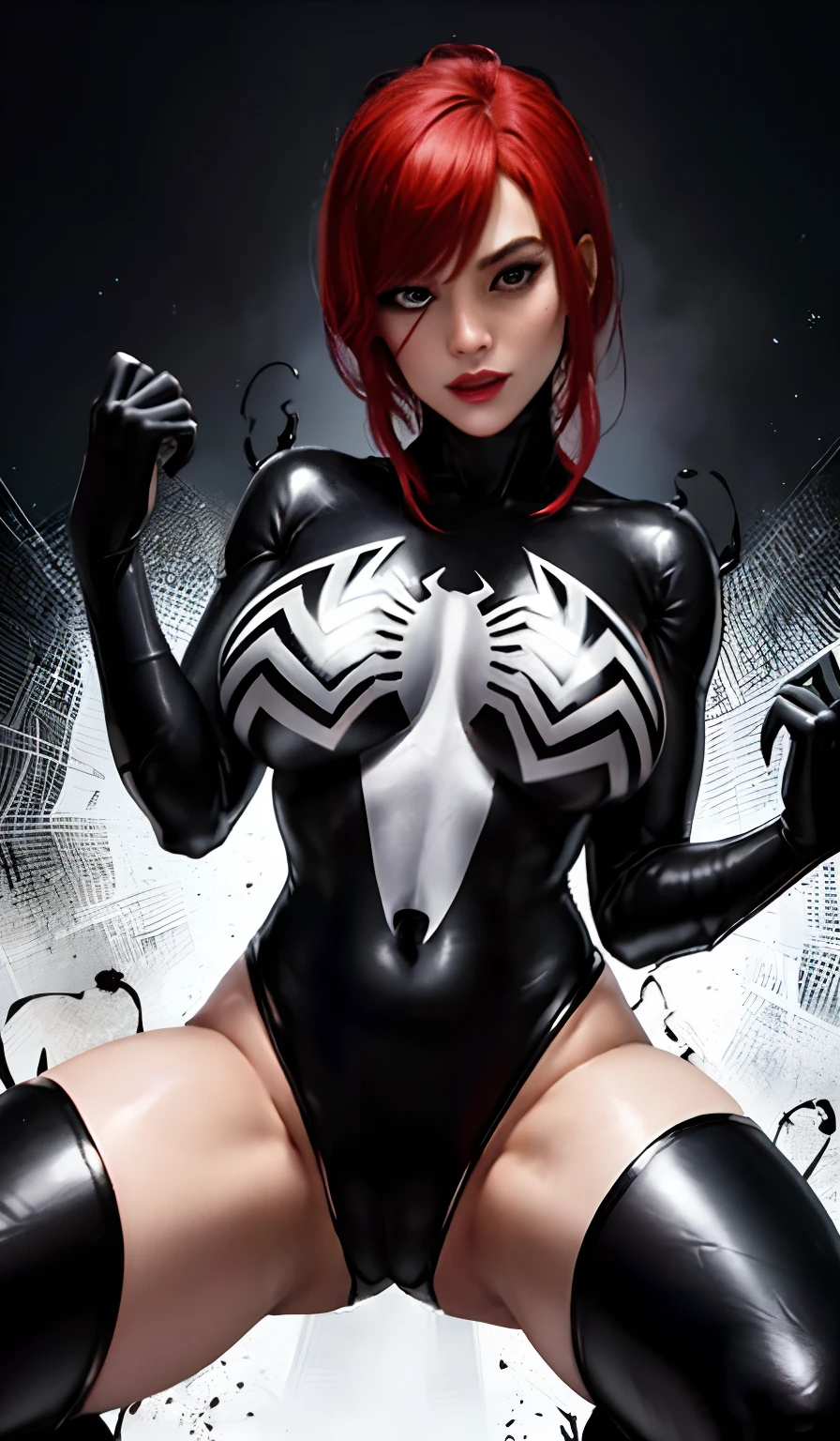 4K,realisticlying,Glamorous,The is very detailed,There is a girl in Dingcheng,Red hair,Wearing a black Spider-Man costume,(Black and white:1.4) the night,symbiote,venomize,a large amount of mucus,she is a spiderman,Black superhero theme,In front of the sky,Flushed complexion,( Open legs, camel-toe,, Vulvar shape:1.3),(GGCameltoe:1.3)Legs apart,25 age old,full bodyesbian