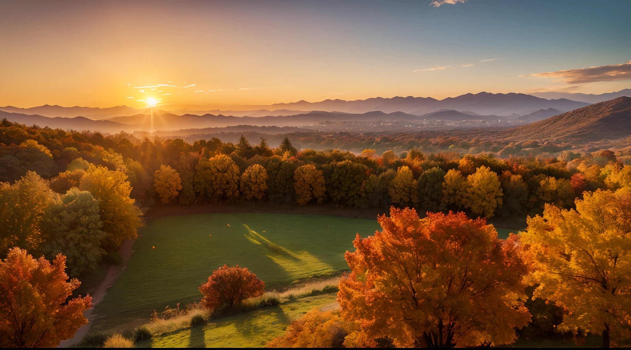 Beautiful scenery，autumnal，the setting sun，falling leaf，Masterpiece，Best quality,8k