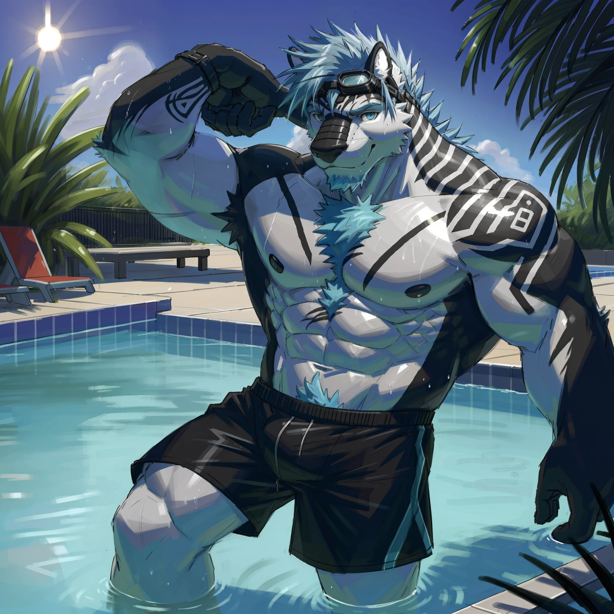 (Best quality, High-res, Realistic:1.37), Muscular,a person,Detailed artwork, Intricate details, Poolside scene, Wear swimming trunks, of a shirtless,The abs are well defined, Gray hair, Short shorts, Blue hair, Tattoo on his arm, Hair tied up, Wearing swimming goggles, Adjust the goggles, Use swimming rings, Strong posture, water Reflections, sun streaming in, Vibrant colors,