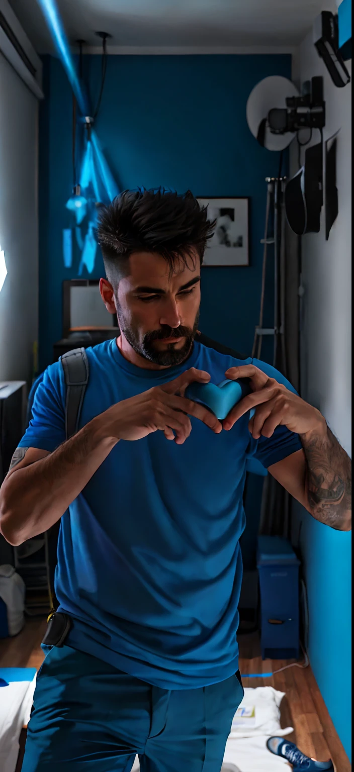 there is a man standing in a room with a blue wall, man with a blue heart, photo taken in 2 0 2 0, mid shot portrait, very very low quality picture, shot on nikon z9, shot on canon eos r 5, shot on canon eos r5, shot on sony a 7, photo taken at night, low quality photo