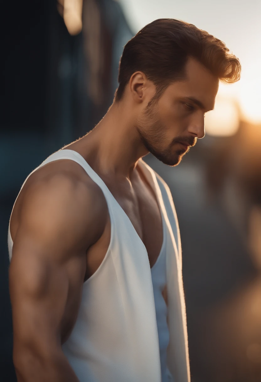Man wearing sleeveless white tank top and coat which exposes his shoulder, photorealism, detailed, cinematic, 4k resolution ,HD