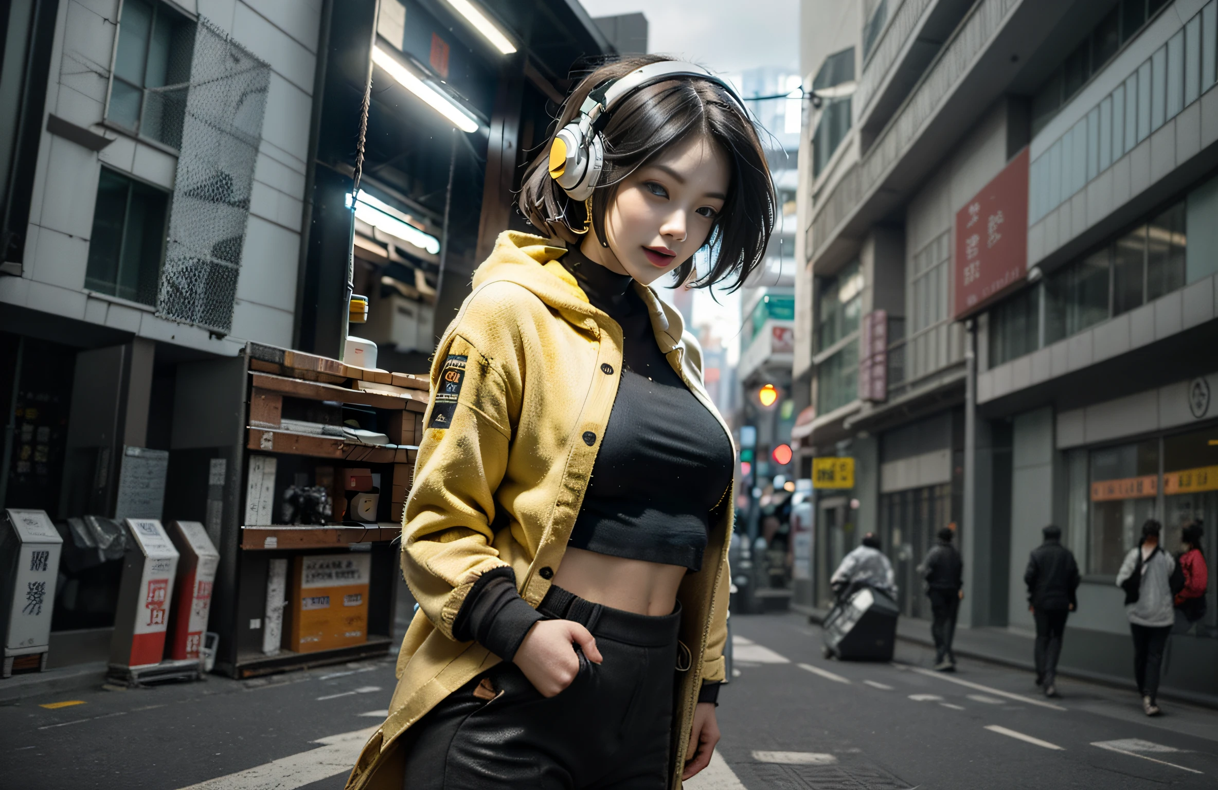 best quality, highres, loose and fluid, pigeoncore, neo-dadaist, street, in the style of mecha sci-fi anime