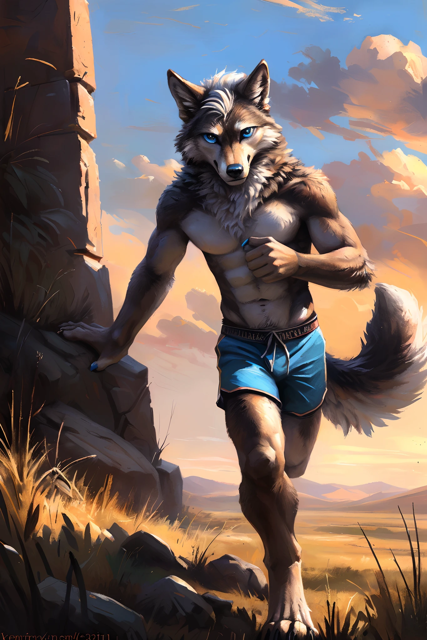 ((Solo)), male people, anthro wolf, (Multi-colored fur, White-brown:1.3,White tail pointed), ((Wolf face, White hair, Big eyes, White eyelids, Blue pupil, Slim:1.2) (Tough, Calm expression:1.2)), Abs, Slim, pinging)), (Correct anatomy), (Work shorts:1.1), The upper body is naked, (detailed outfits),A long big tail,Feet,(Realistic fur, Detailed fur texture, labeled:1.3)), (Natural lighting), Photorealistic, Hyperrealistic, ultradetailed, by Kenket,Endless grasslands,There are no trees,There are no big stones,No artificiality,erect through,Running on